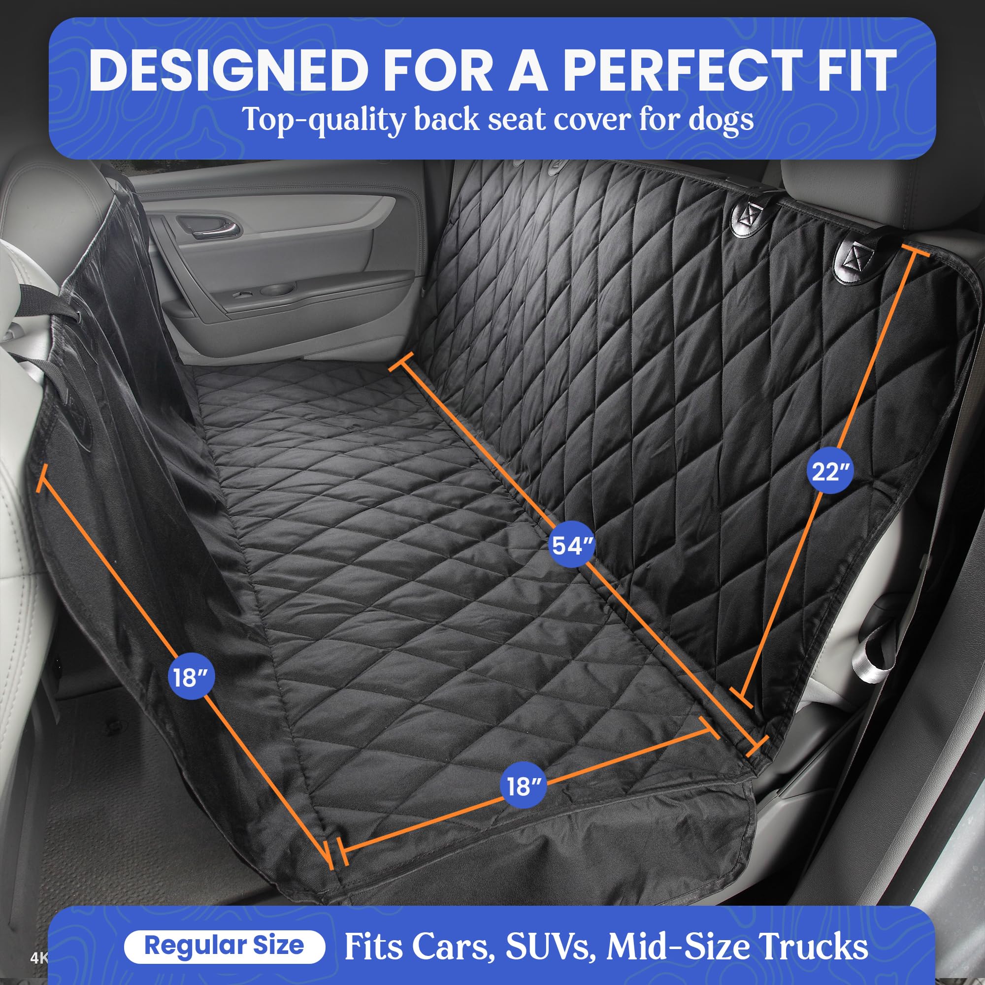 4Knines Dog Backseat Cover with Hammock for Cars, SUVs, and Trucks – Waterproof Layers, Nonslip Seat Protector, Durable Nylon Clips, K9 Shield with Heavy Duty Thread, (Extra Large, Grey)