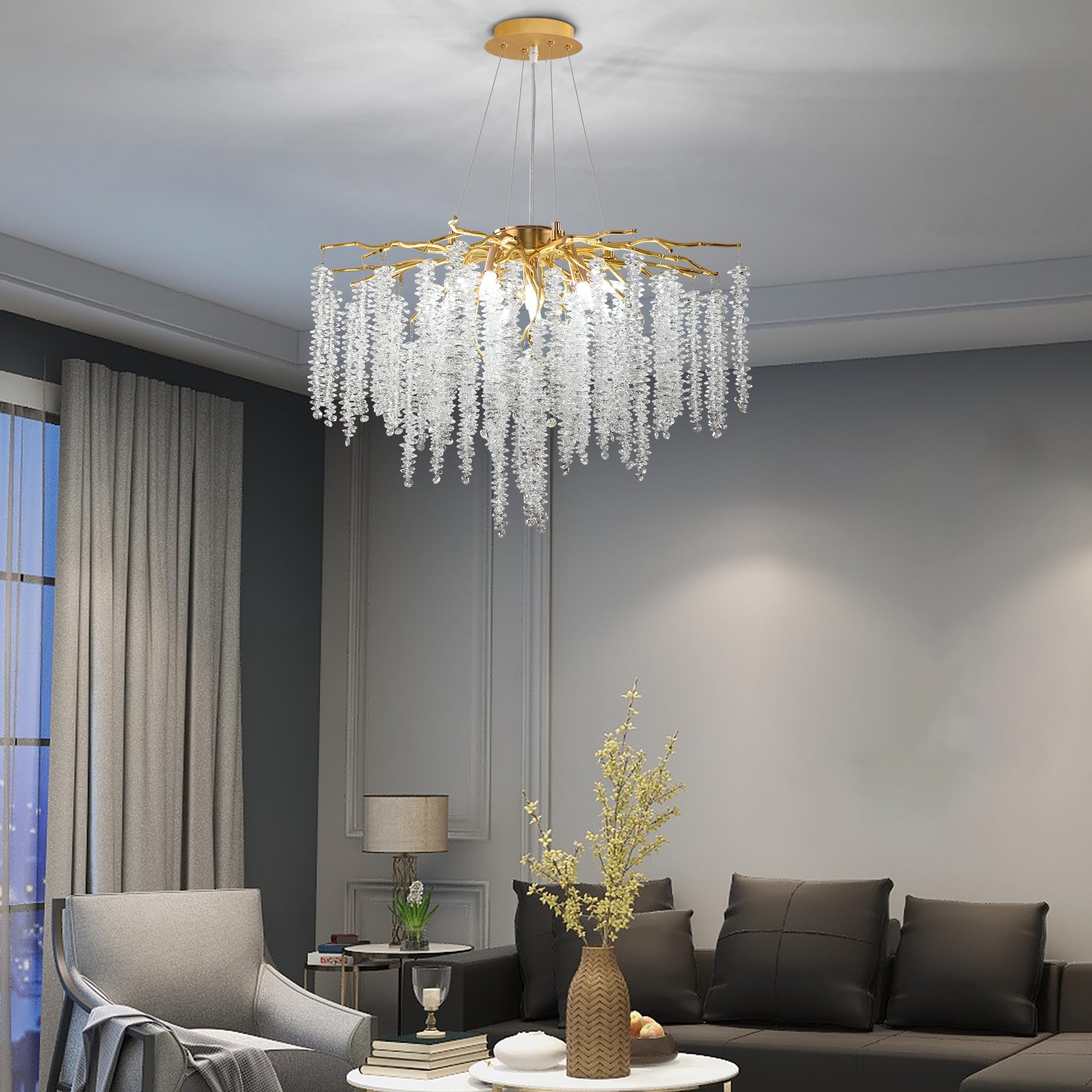 Modern Crystal Raindrop Chandelier, L40'' Black Linear Rectangle Art Deco Tree Branch Lighting Fixture for Kitchen Island Living Room Foyer Staircase 10 Lights