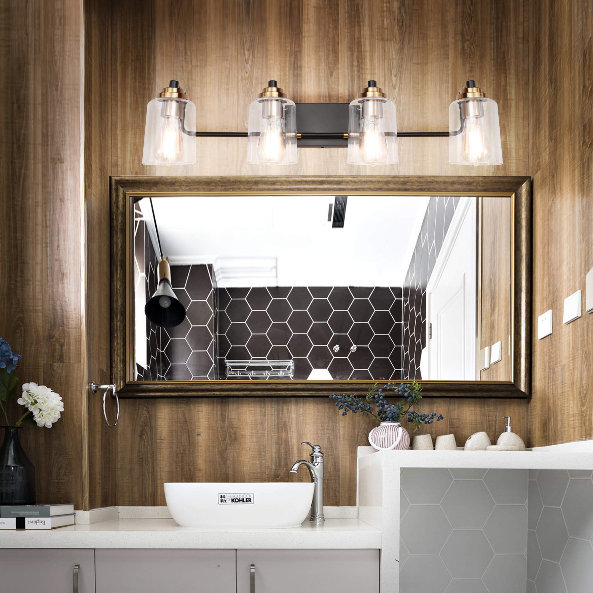 SOLFART 20.1 Inch Black Vintage Bathroom Vanity Light Fixtures Fixtures with Modern Glass Globe Shade Metal Brass Wall Lamp 2 Lights