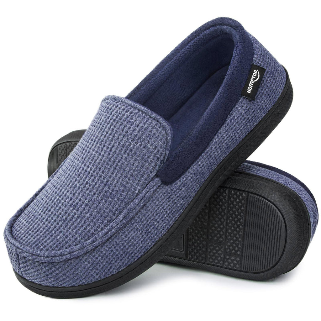 HomeTop Men's Comfort Memory Foam Moccasin Slippers, Breathable Cotton Knit Terry Cloth House Shoes for Indoor Outdoor