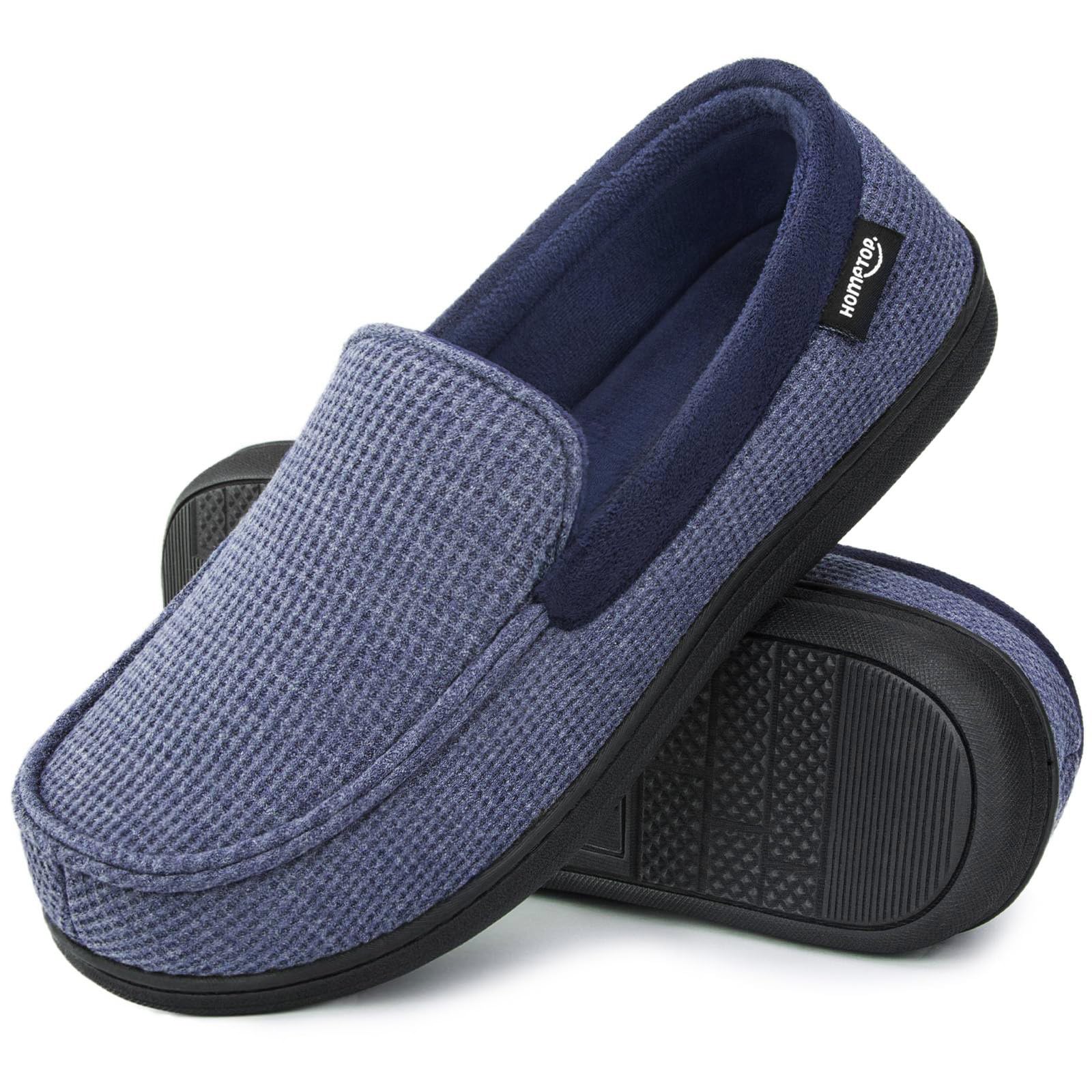 HomeTop Men's Comfort Memory Foam Moccasin Slippers, Breathable Cotton Knit Terry Cloth House Shoes for Indoor Outdoor