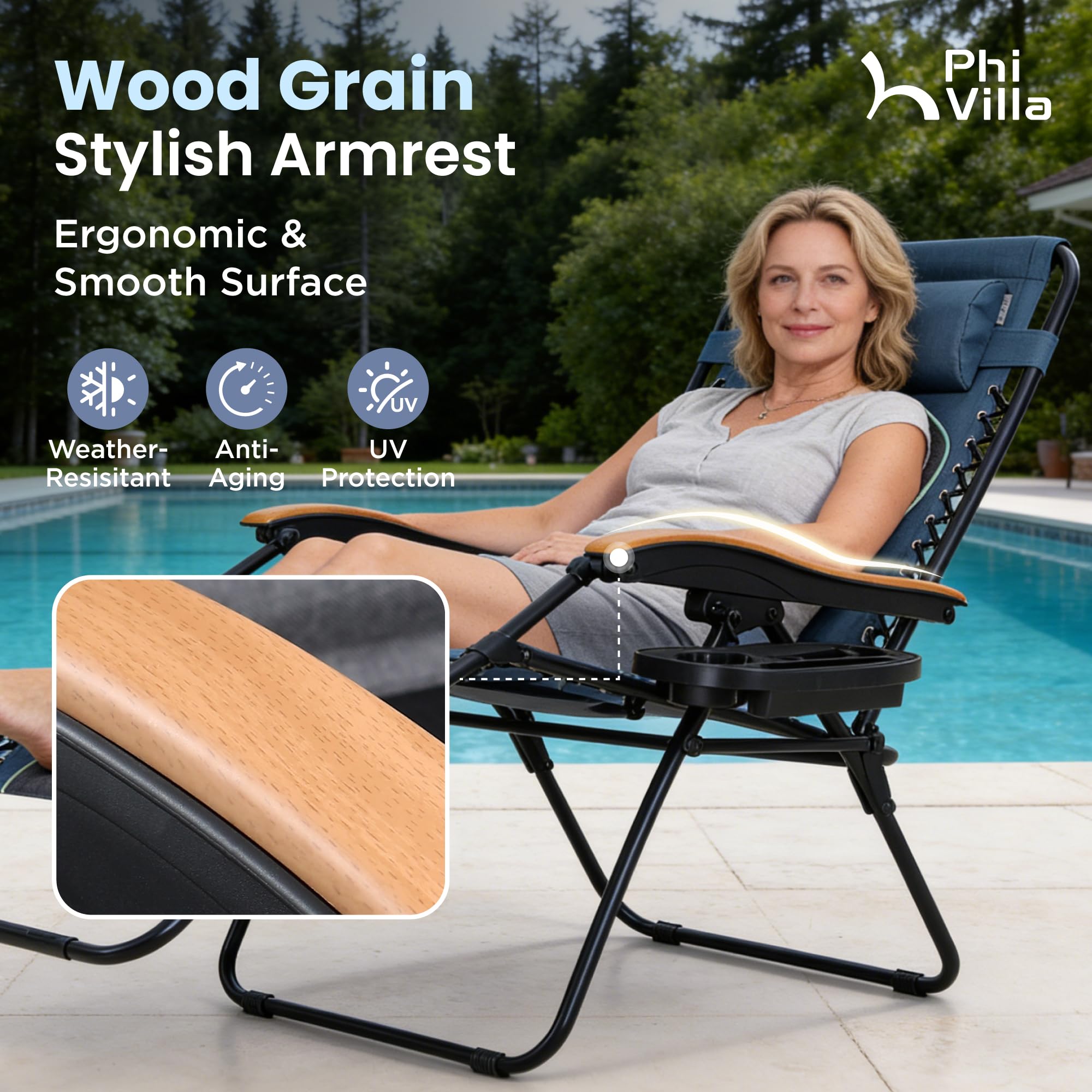 PHI VILLA XXL Oversized Padded Zero Gravity Chair Set of 2, Foldable Patio Recliner, 30" Wide Seat Anti Gravity Lounger with Armrest and Cup Holder, Support 400 LBS (Aqua Blue)