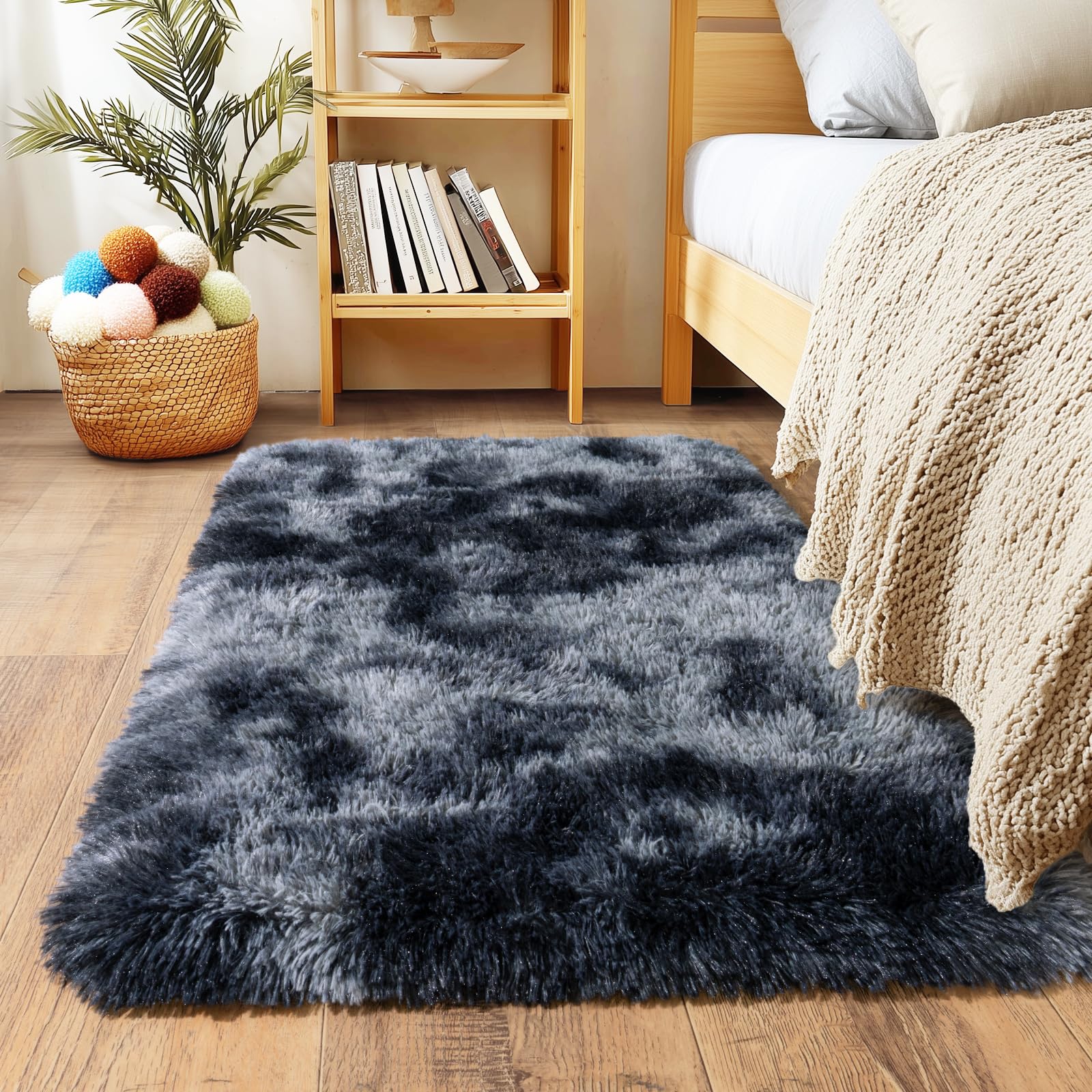 Awaytail Fluffy Rug Washable 2x3 Feet, Pure Black Desk Chair Rug Non-Slip, Super Soft Kids Rug for Boys Nursery Dorm Decor