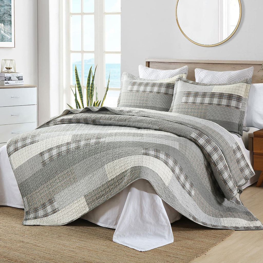 Y-PLWOMEN 100% Cotton Farmhouse Plaid Lightweight 3-Pieces Quilt Set (Blue Brown, Queen90 * 98 Inch)