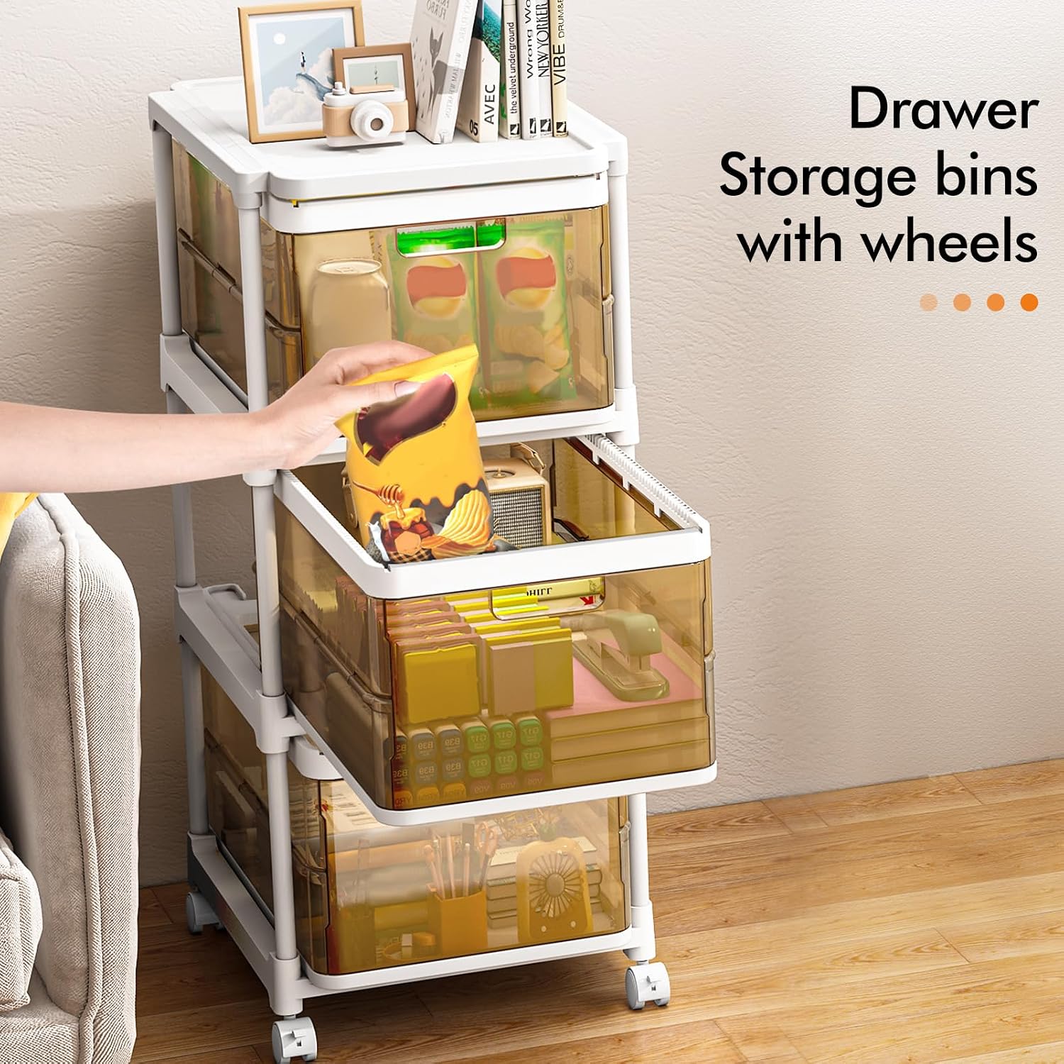 NestOrganix 3 Drawer Storage Organzier - Plastic Drawer Stroage, Stackable Storage Drawers, Storage Bins with Wheels, Foldable Drawer Organizer, 20 Quart/Bin, Total 60 Qurat