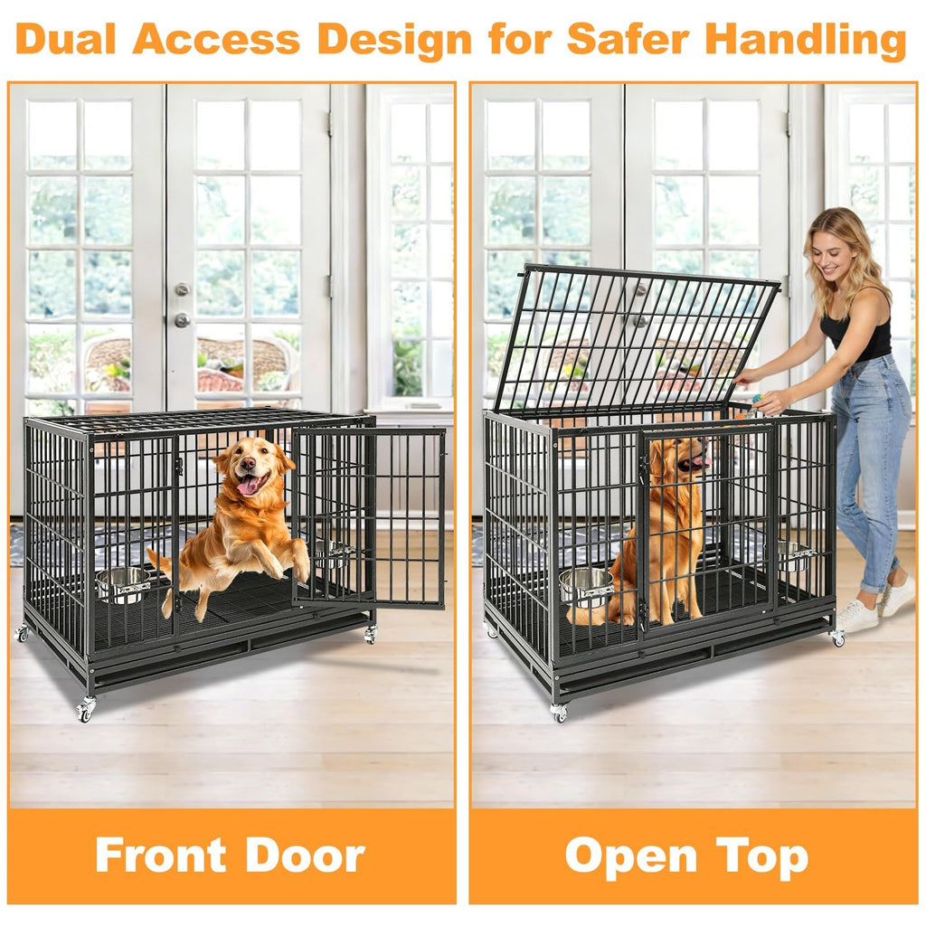 Homey Pet 37 inch Stackable Heavy Duty Dog Crate, Indestructible Escape Proof Dogs Cage Kennel with Lockable Wheels, Removable Tray & Metal Grid, Double Doors for High Anxiety Medium/Small Dogs