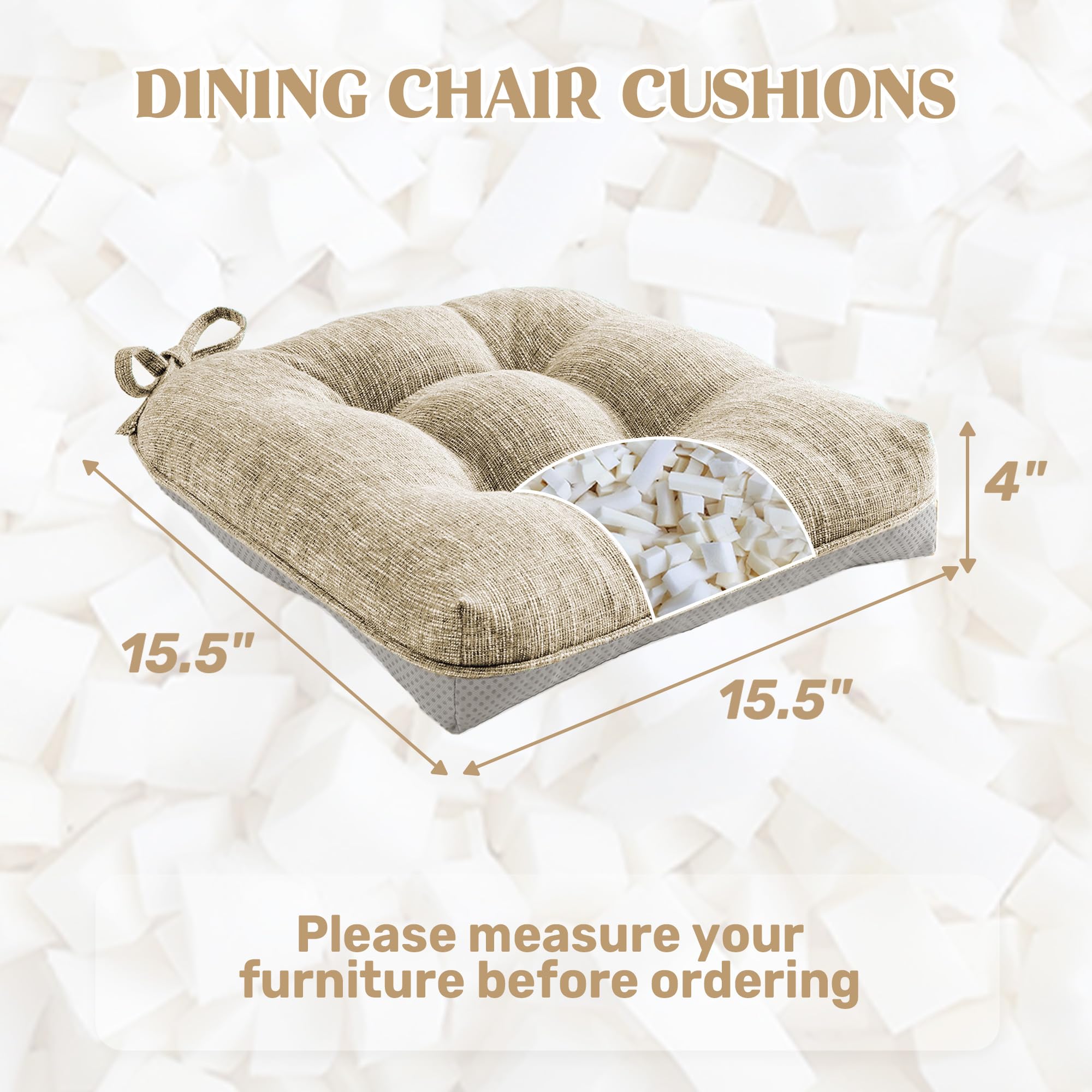 puredown® Chair Cushions for Dining Chairs, Tufted Memory Foam Chair Pads with Non-Slip Backing, Kitchen Seat Cushions with Ties, Washable Seat Pad Set of 4, 15.5" x 15.5" x 4", Light Grey