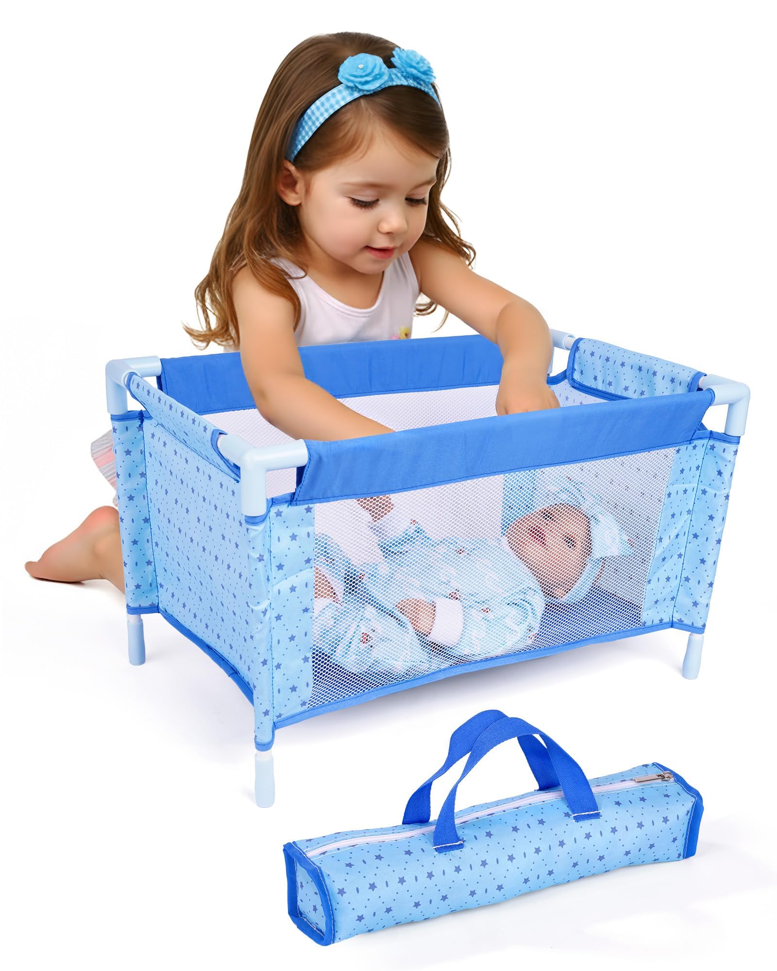 BABESIDE Baby Doll Crib Set for 18 Inch Dolls, Baby Doll Bed Playpen Toy Crib with Storage Bag for Reborn Baby Doll Accessories