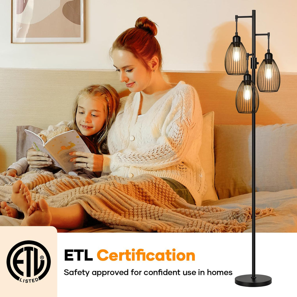 Dimmable Floor Lamp, 3 x 800LM LED Edison Bulbs Included, Farmhouse Industrial Floor Lamp Standing Tree Lamp with Elegant Teardrop Cage Tall Lamps for Living Room Bedroom Office Dining Room-Brass
