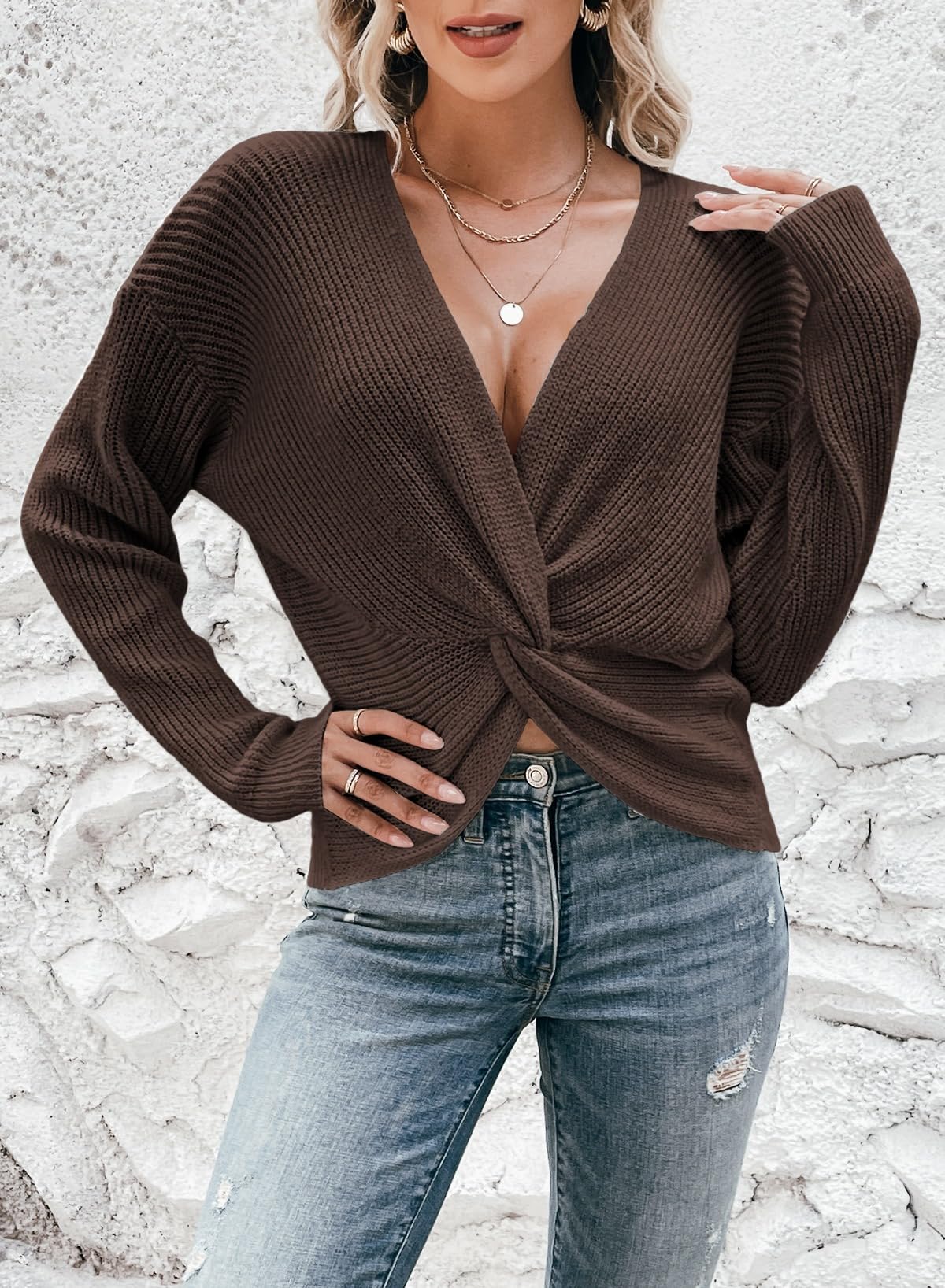 Pink Queen Women's 2026 Twist Knot Cropped Sweater V Neck Long Sleeve Knit Pullover Top Casual Fall Fashion Clothes