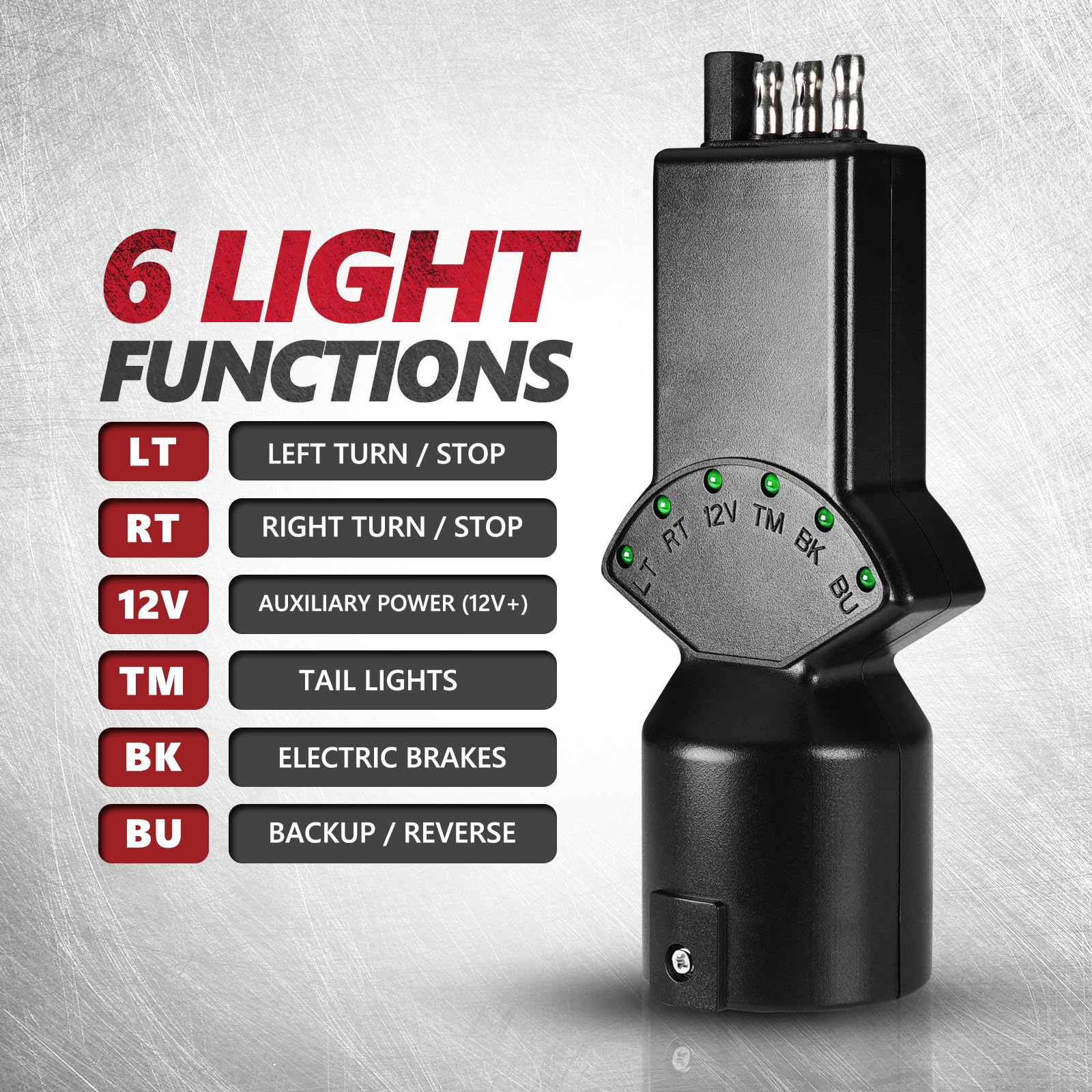 OPT7 7 Pin & 4 Pin Circuit Tester Adapter w/ 6 LED Indicators, 7 Way Blade to 4 Way Flat Trailer Connector w/Secure Tab for Pickup Truck Trailer Tow Hitch, 5.3" Long x 2.36" Diameter