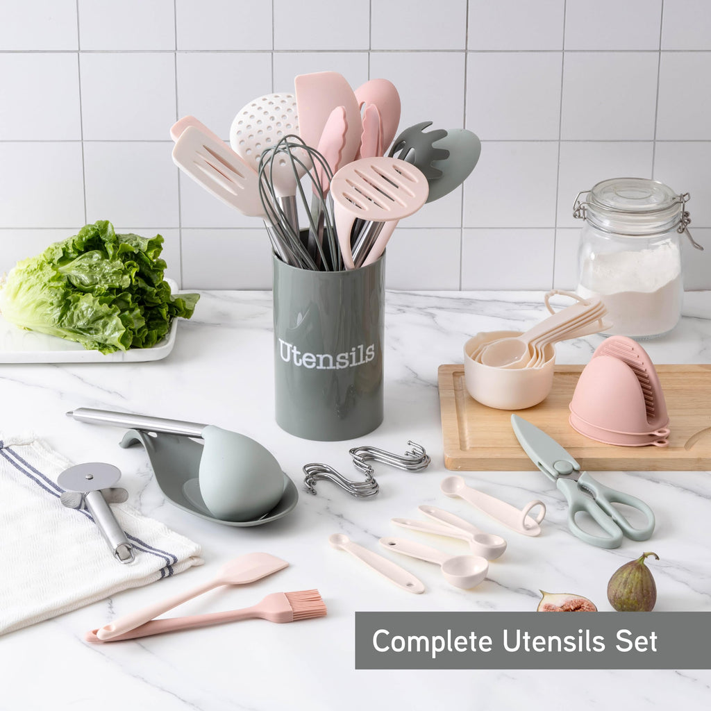 COOK WITH COLOR Silicone Cooking Utensils, Kitchen Utensil Set, Easy to Clean Silicone Kitchen Utensils, Cooking Utensils for Nonstick Cookware, Kitchen Gadgets Set with Holder, 10 Pieces