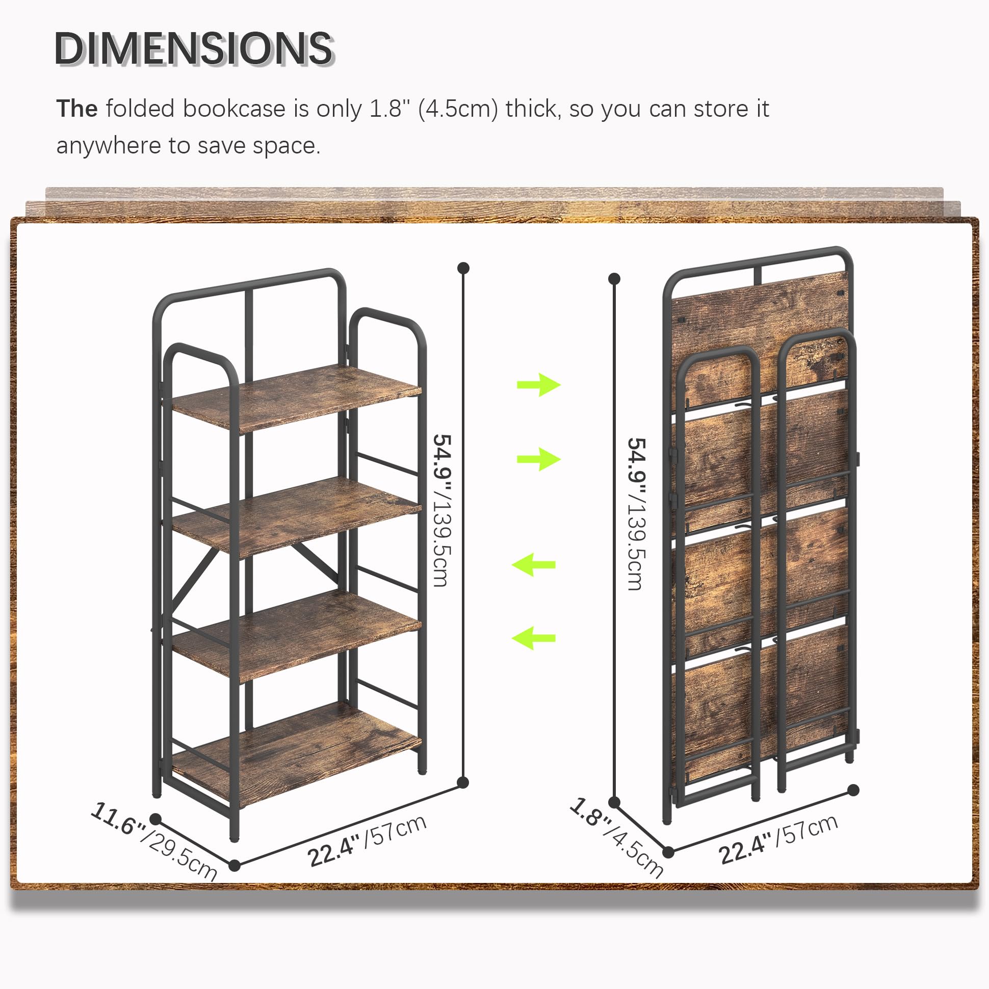 4NM No Assembly Folding Bookshelf, 3 Tiers Collapsible Book Shelves Open Industrial Foldable Storage Bookcase Shelf for Bedroom, Living Room, Home Office - Natural and White