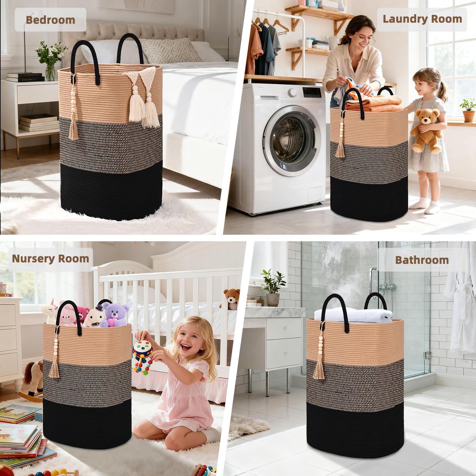 Woven Laundry Basket for Clothes, 50L Large Rectangle Laundry Hampers with Beads Tassel, Nursery Storage Basket for Toys, Tall Dirty Clothes Hamper for Bedroom Aesthetic, Laundry Room Organization