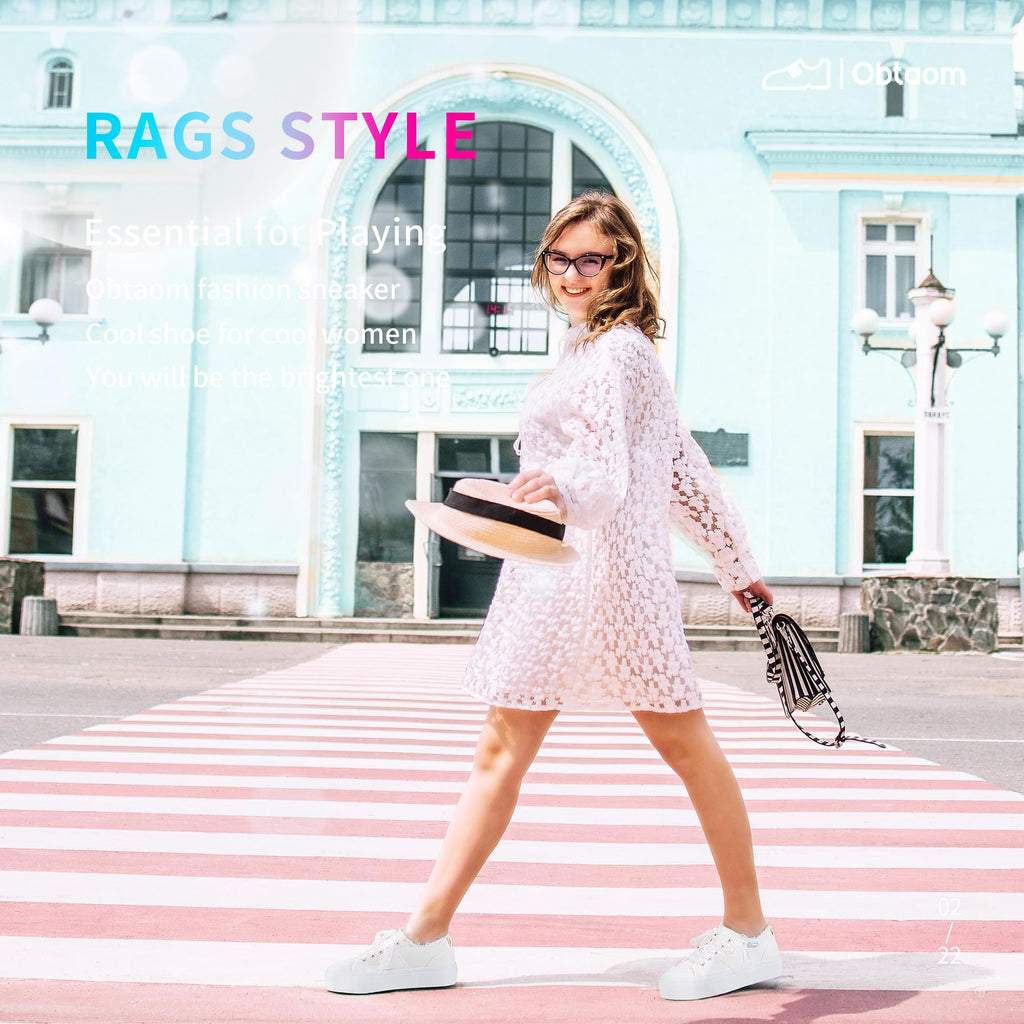 Obtaom Women Platform Canvas Sneakers White Comfort Play Fashion Sneakers Casual Lift Platform Lace Up Shoes Cute Low Top Walking Shoes for Lady