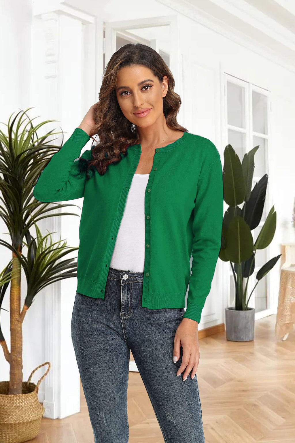 CUNYI Women's Crew Neck Cardigan Long Sleeve Sweater for Women Button Down Soft Knit Ladies Cardigan Sweates Coat