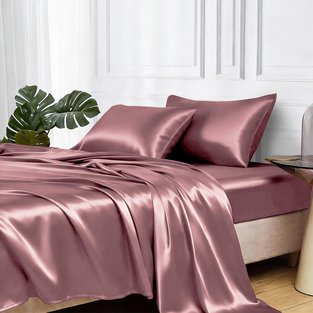 MR&HM Satin Sheets with Elastic Corner Straps, Twin Size 3-Piece Silky Bedding Set, Deep Pocket 15 Inches, Good for Hair & Skin (Twin, Black)