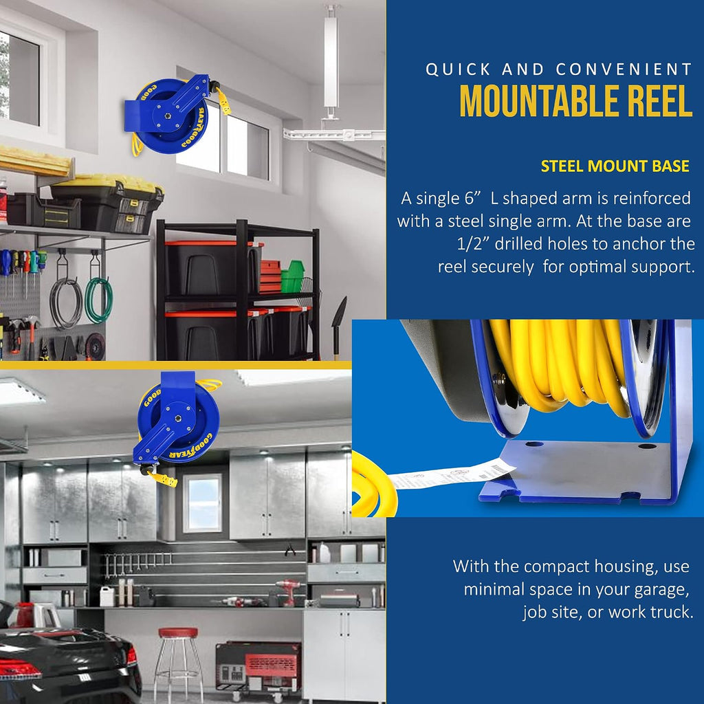 Goodyear Extension Cord Reel Retractable 12AWG x 50' Feet 3C SJTOW Cable Triple Tap Connector Power Rating 125 Volt AC 13 Amp 1625 Watt Industrial Steel Single Arm