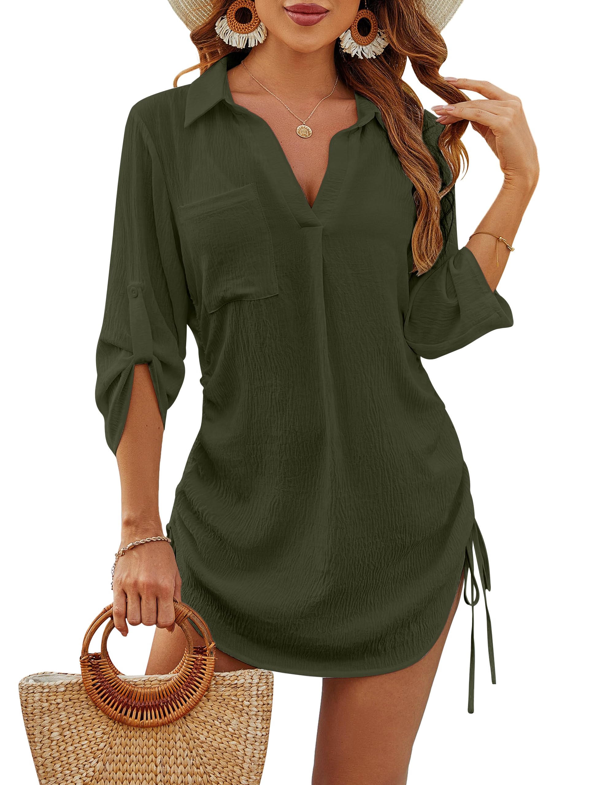 Blooming Jelly Womens Bathing Suit Cover Ups Bikini Swimsuit Coverup Drawstring Beach Dress Shirt