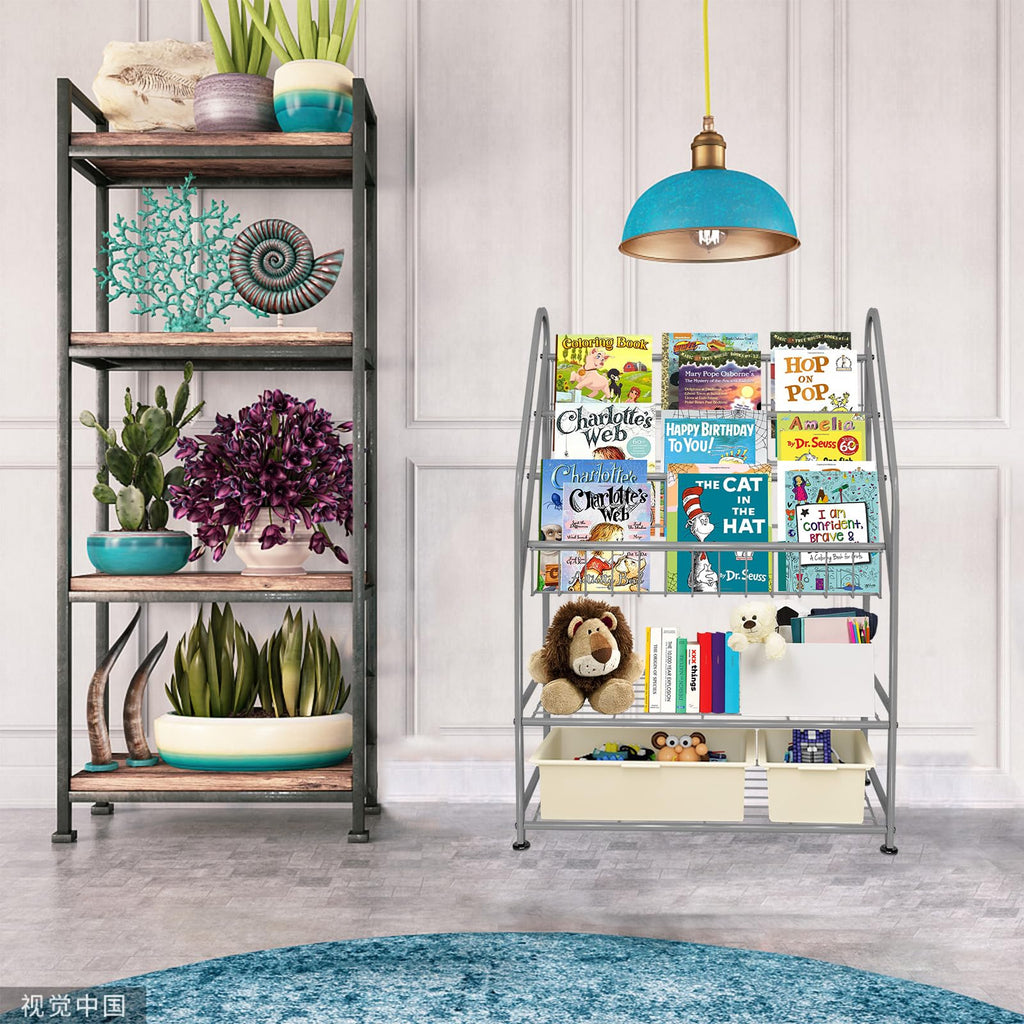 aboxoo Metal Kids Bookshelf Black Large Freestanding for Children Room 32 in Toy Organizer Large Stable Bookcase Bookstore Library Book Unit Storage Kids Bed Living Room
