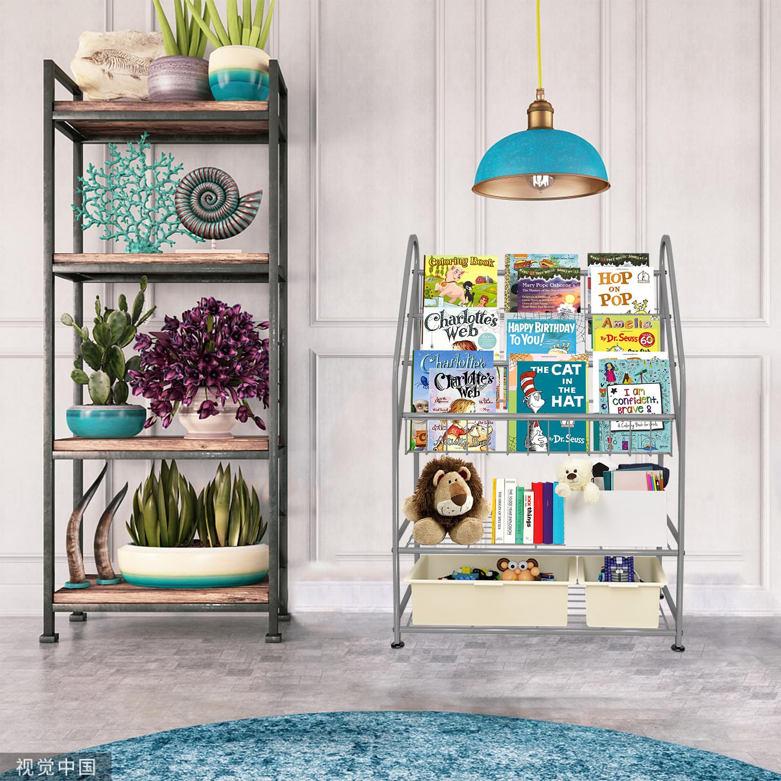 aboxoo Metal Kids Bookshelf Black Large Freestanding for Children Room 32 in Toy Organizer Large Stable Bookcase Bookstore Library Book Unit Storage Kids Bed Living Room