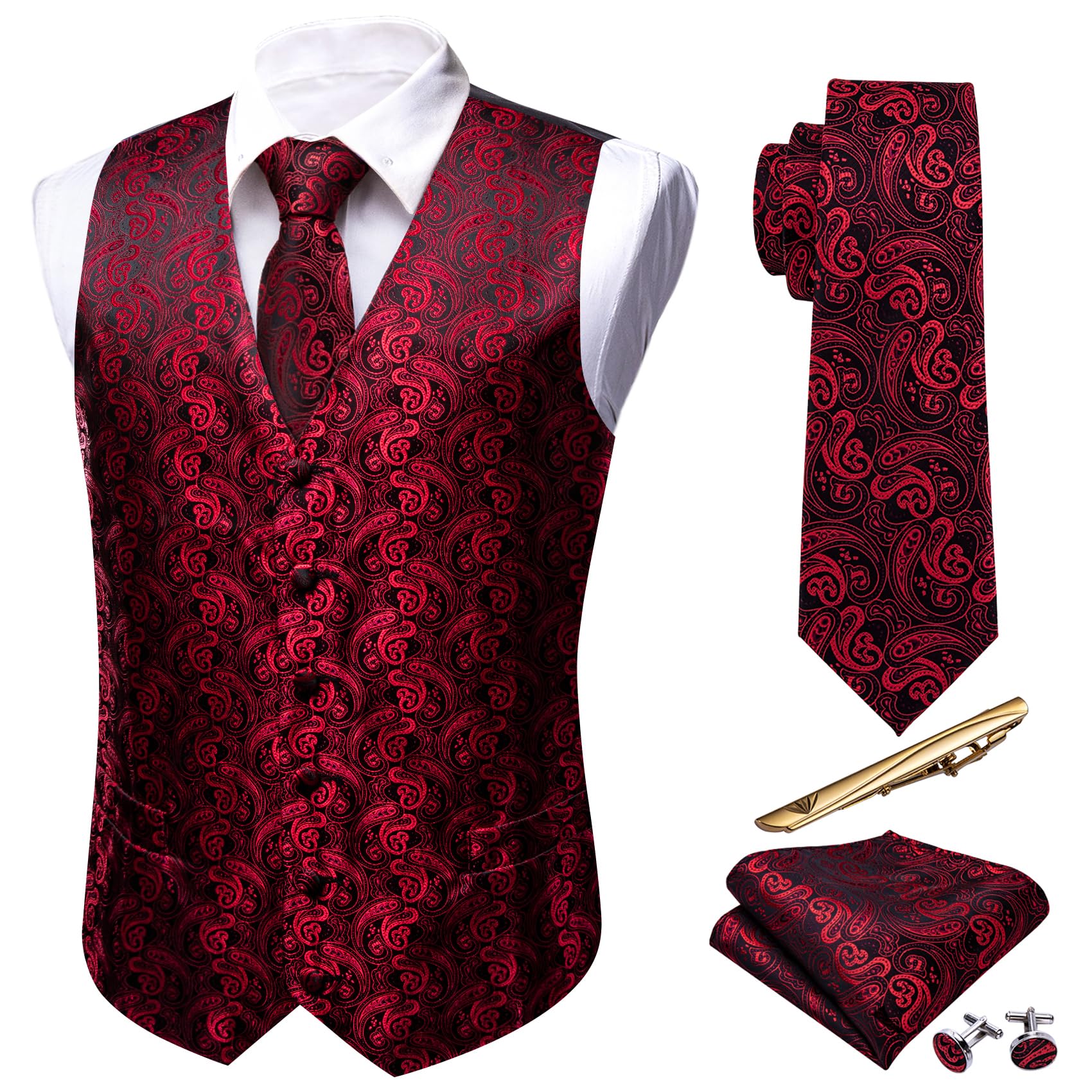 Barry.Wang Men's Suit Vest Formal/Leisure Paisley Jacquard Silk Tie Pocket Square Waistcoat Set Wedding 5PCS