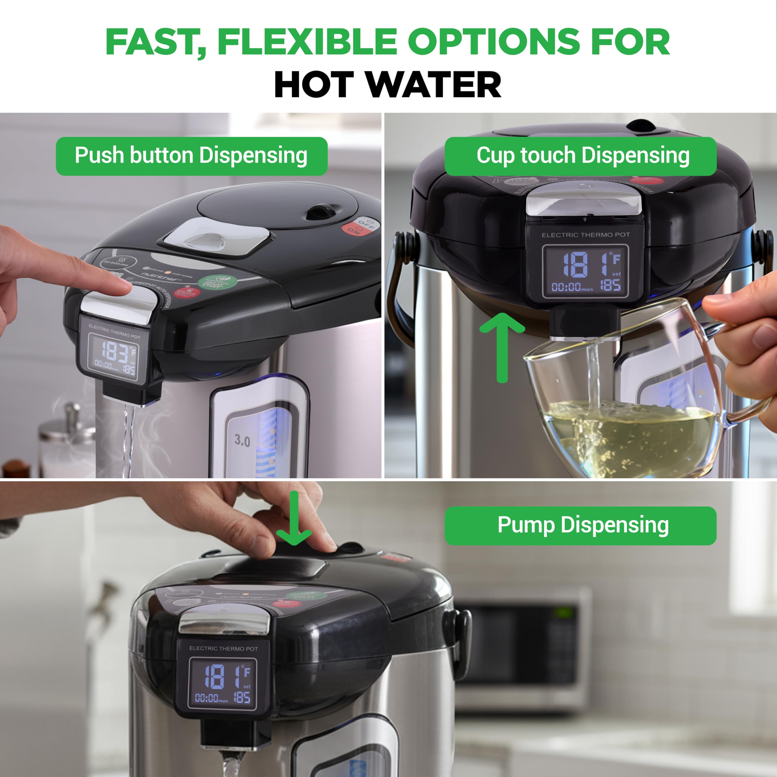 NutriChef Digital Water Boiler and Warmer - 3L/3.17 Qt Stainless Electric Hot Water Dispenser w/ LCD Display, Rotating Base, Keep Warm, Auto Shut Off, Safety Lock, Instant Heating for Coffee & Tea