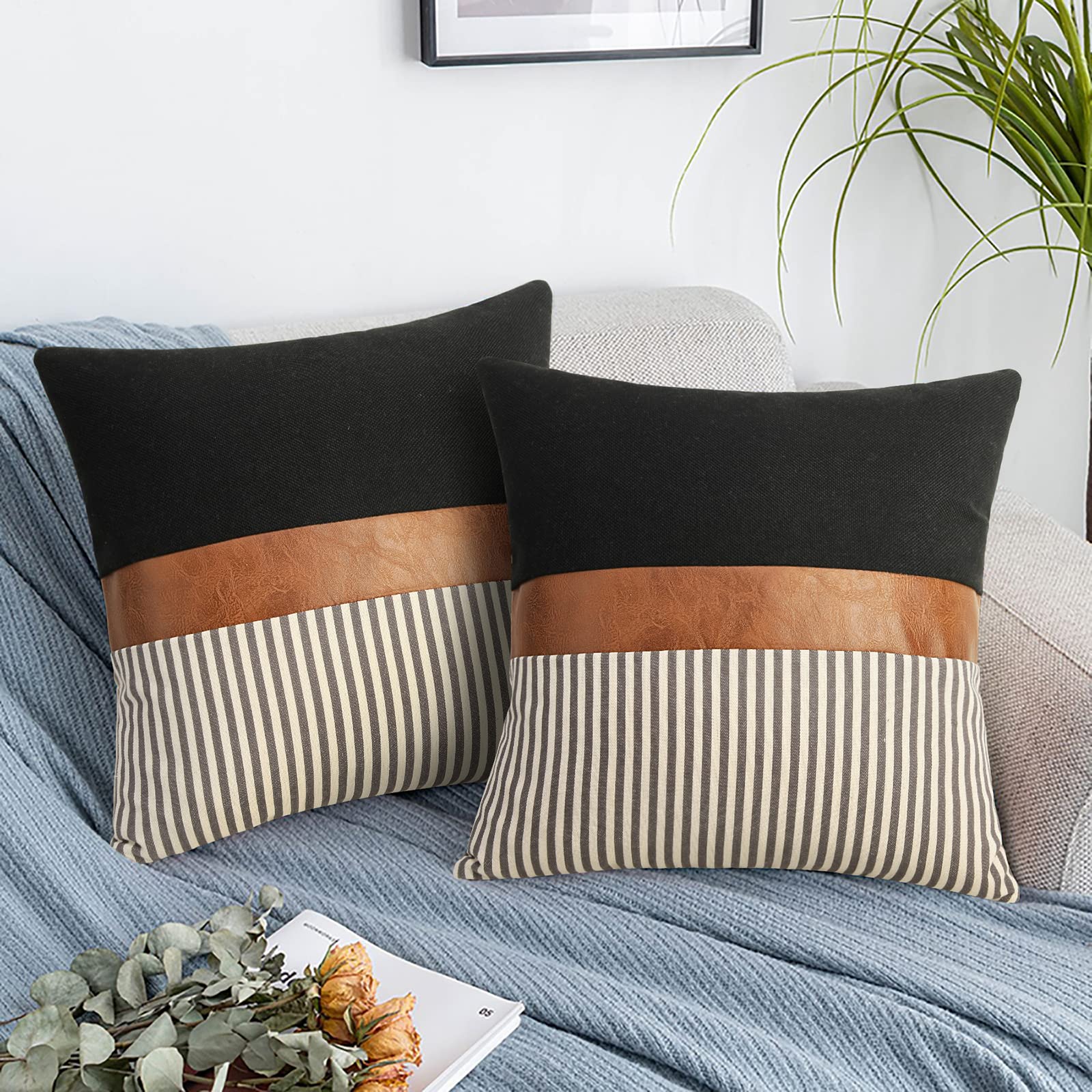 16x16 inch Pillow Covers Set of 2 Farmhouse Decor Stripe Patchwork Linen Throw Pillow Covers Modern Faux Leather Covers for Couch Sofa,Black