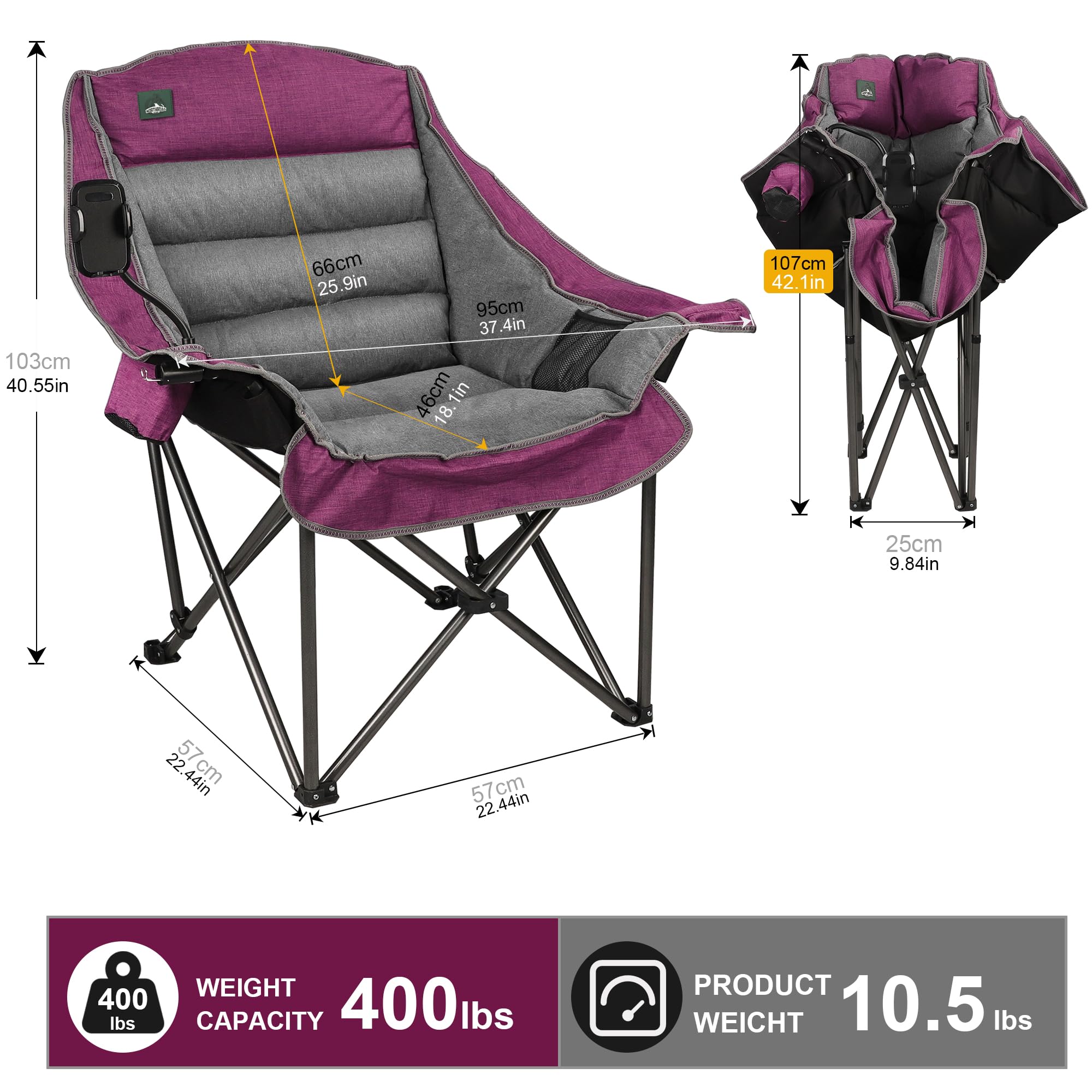 Northroad Oversized XL Padded Camping Chair w/Cell Phone Holder, Large Camp Chair, Foldable Lawn Chair w/Cup Holder,Carry Bag for Outdoor Hiking, Picnics, Heavy-Duty 400-lbs Capacity, Moca