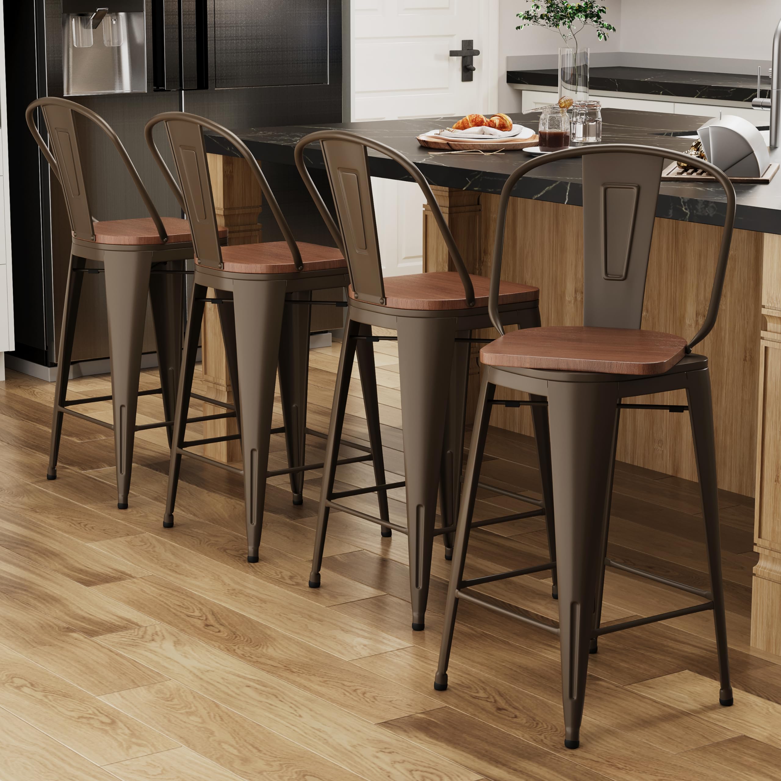 Alunaune 24" Swivel Metal Bar Stools Set of 4 High Back Counter Height Barstools Industrial Dining Bar Chairs with Large Wooden Seat-Matte Black