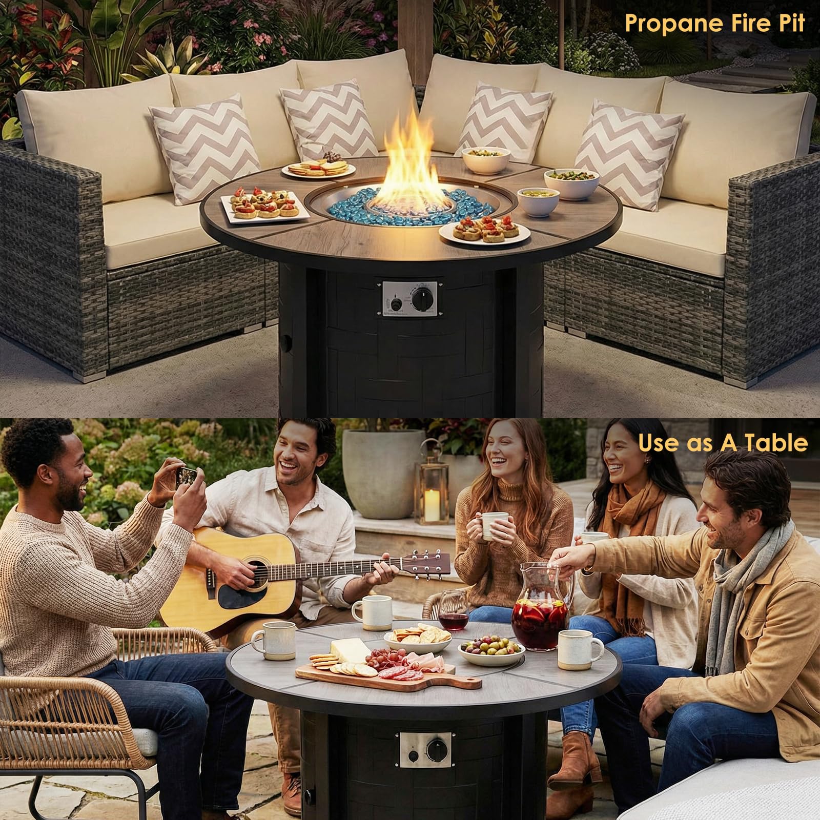 TLGREEN Propane Fire Pit Table 30 Inch Round – 50,000 BTU Outdoor Fire Pit with Lid, Converts to Patio Coffee Table, Certified, Includes Waterproof Cover & Blue Fire Glass(Grey)