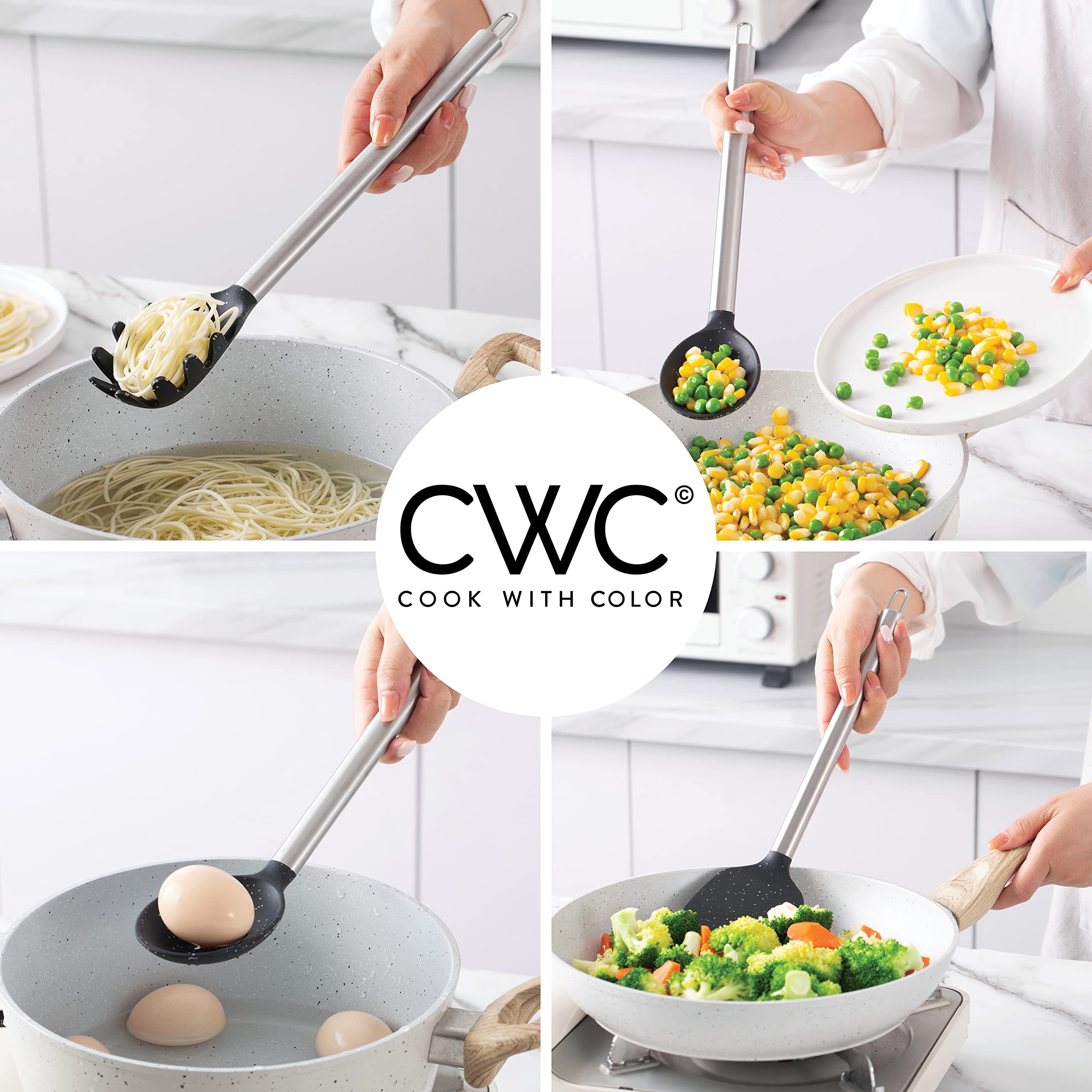 COOK WITH COLOR Silicone Cooking Utensils, Kitchen Utensil Set, Easy to Clean Silicone Kitchen Utensils, Cooking Utensils for Nonstick Cookware, Kitchen Gadgets Set with Holder, 10 Pieces