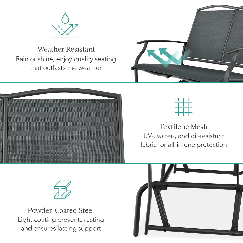 Best Choice Products 2-Person Outdoor Patio Swing Glider Steel Bench Loveseat Rocker for Deck, Porch w/Textilene Fabric, Steel Frame - Black