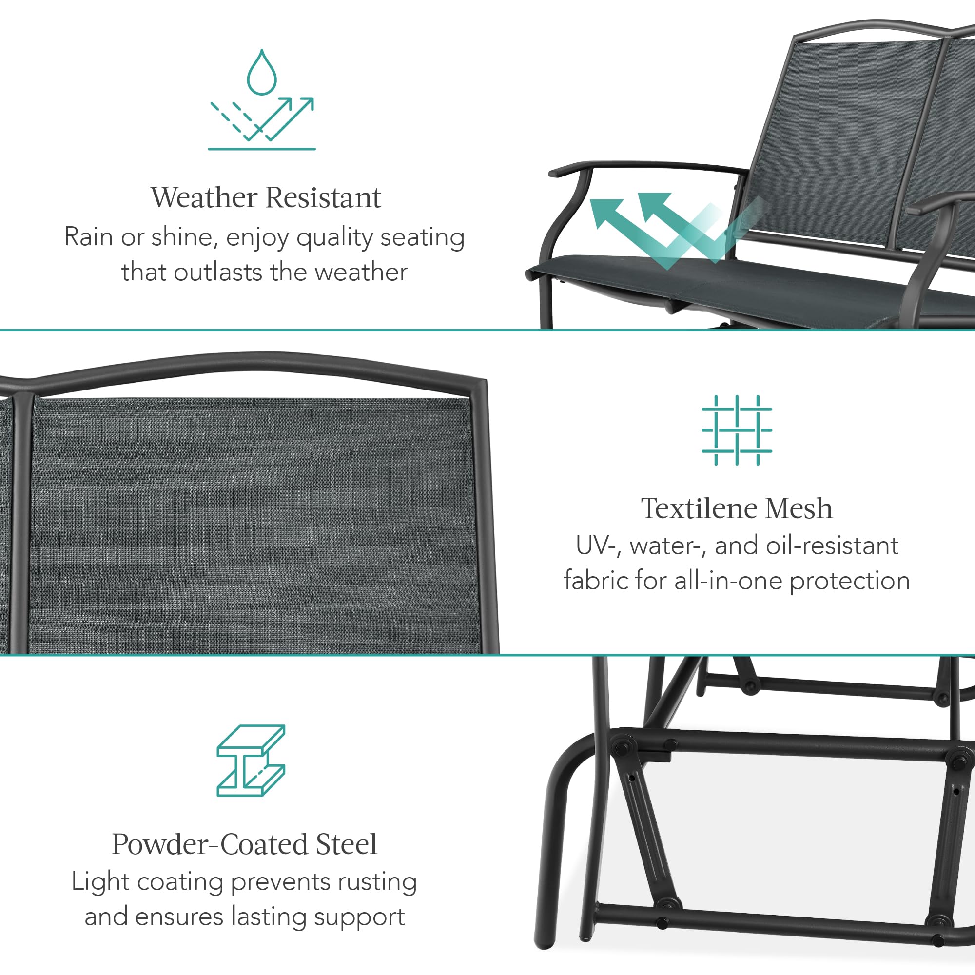 Best Choice Products 2-Person Outdoor Patio Swing Glider Steel Bench Loveseat Rocker for Deck, Porch w/Textilene Fabric, Steel Frame - Black