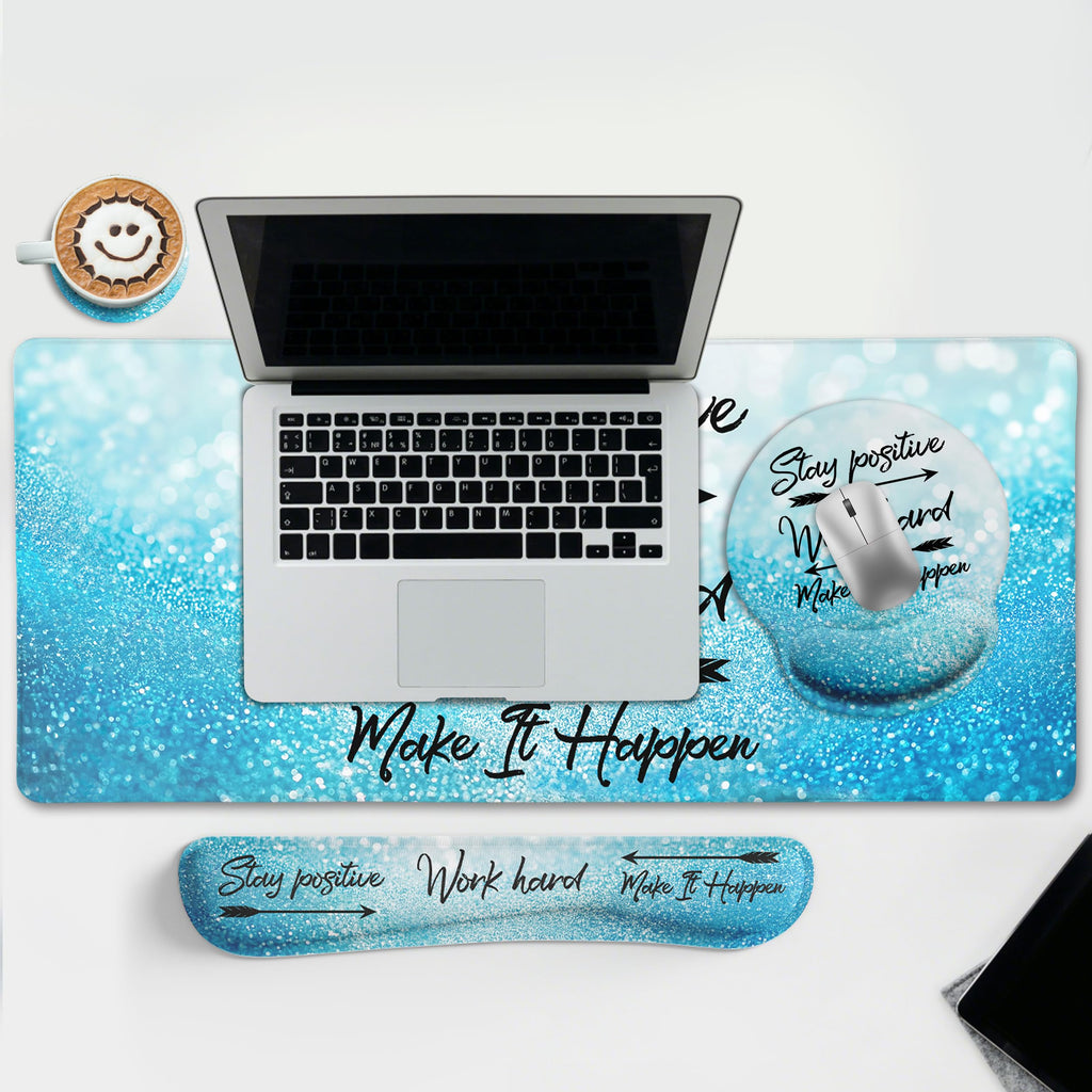 Black Striped Ergonomic Large Desk Mat Set with Wrist Rest