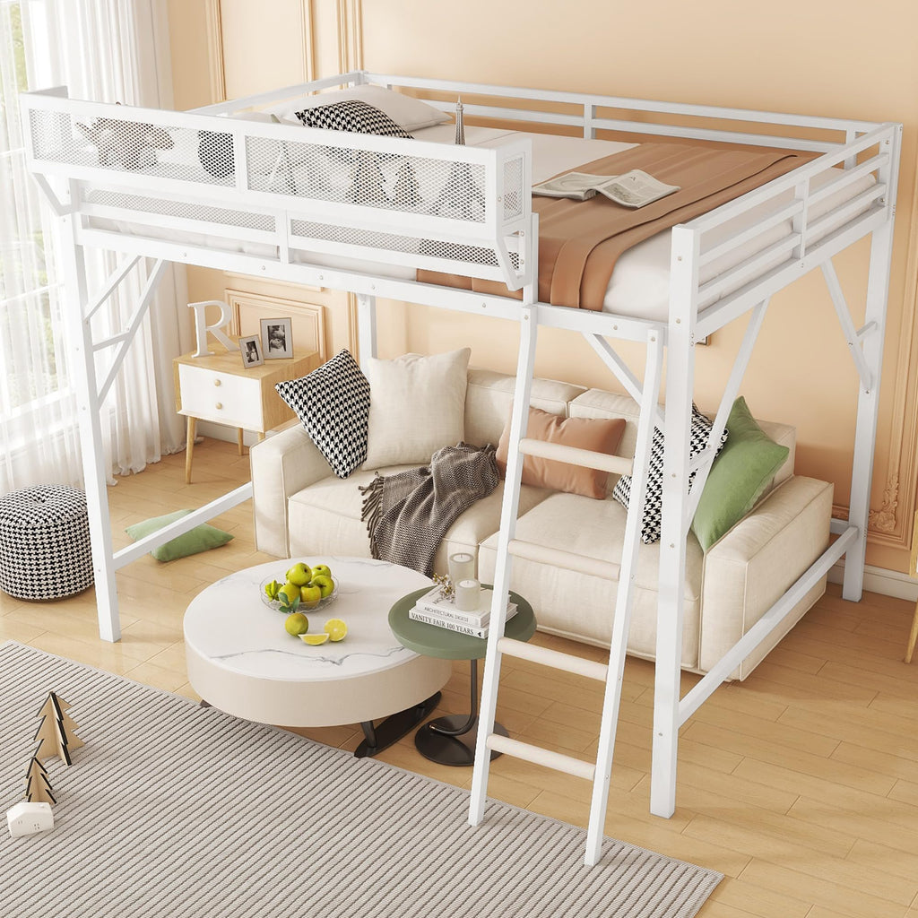 Mirightone Full Size Loft Bed with Stairs, Metal Loft Beds, High Loft Bed Frame with Storage Shelves, Lofted Full Bed with Wardrobe for Kids and Teens, No Box Spring Needed (Black)