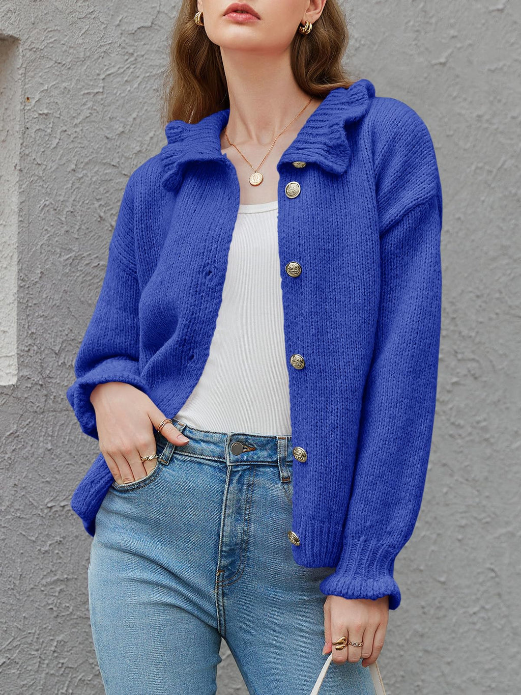 Saodimallsu Womens Ruffle Cardigan Oversized Button Up Fall Trendy Ribbed Knit Open Front Long Sleeve Loose Cute Sweater