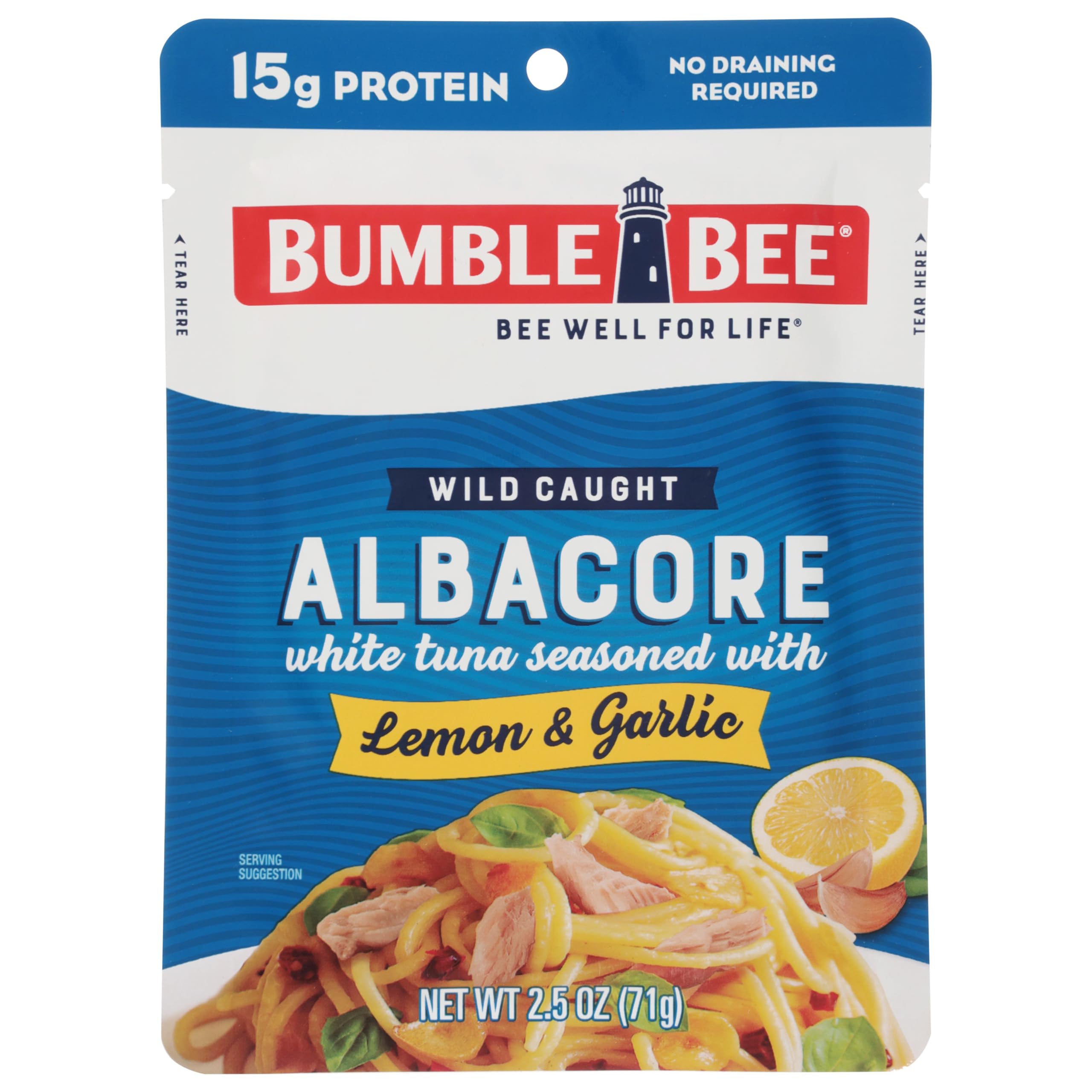 Bumble Bee Lemon & Garlic Seasoned White Albacore Tuna in Water, 2.5 oz Pouch - Wild Caught Tuna - 15g Protein per Serving, High in Omega-3s - Non-GMO, Gluten Free - No Draining Required