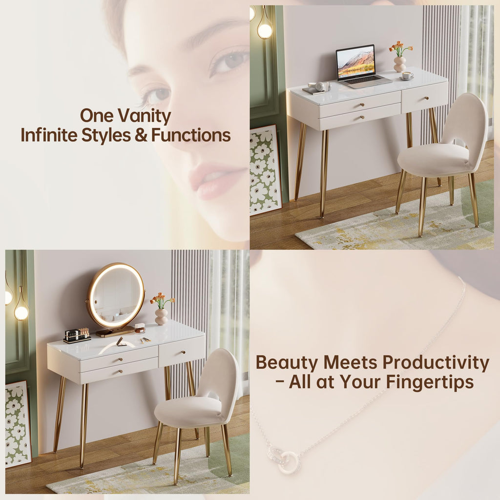 KDCAS Vanity Desk with Mirror and Lights| 39" Beige Modern Makeup Vanity Set with Drawers & Adjustable Chair| White and Gold Dressing Table for Small Spaces & Bedroom