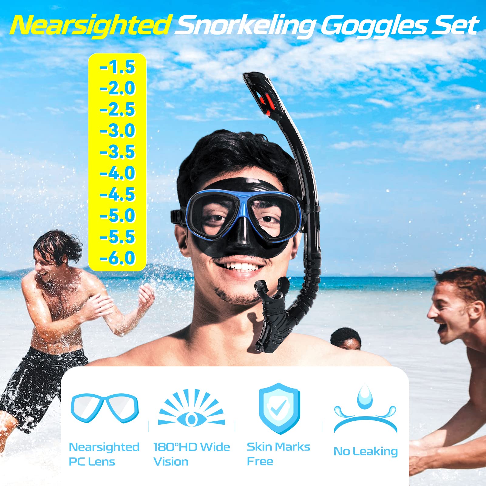 Nearsighted Snorkel Gear, Nearsighted Dry Snorkel Mask Set for Adult Youth, Nearsighted Anti Fog Diving Mask with Detachable Camera Mount & Adjustable Strap for Scuba Diving, Snorkeling, Freediving