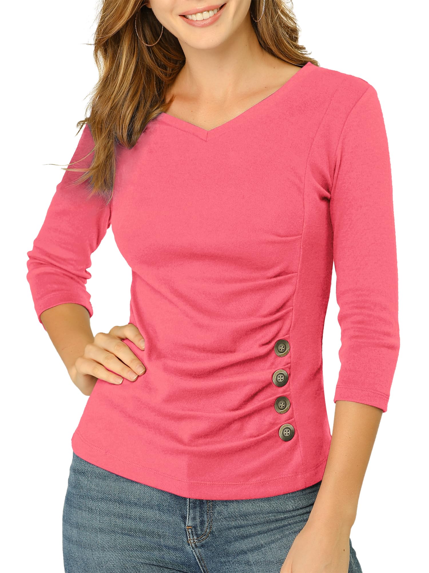 Allegra K Women's V Neck Tops 3/4 Sleeves Solid Knitted Buttons Decor Ruched Blouse