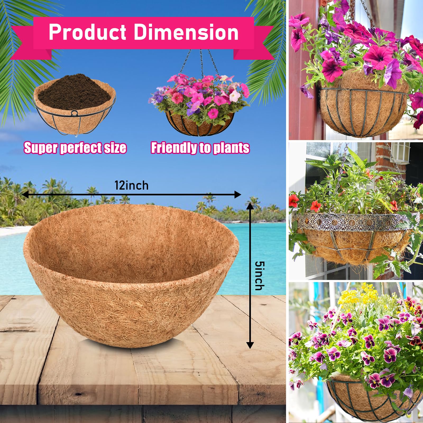Riare 2 Pack 12 Inch Round Coco Liners Replacement, 100% Natural Coconut Coir Liners for Hanging Baskets, Garden Flower Vegetables Planter Pot, Window Box, Fence, Decks