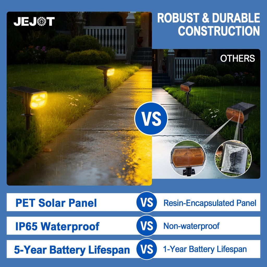 JEJOT Solar Lights Outdoor Waterproof IP65,Auto On/Off, 2700K 2 Lighting Modes, Super Bright LED, Solar Powered Yard Garden Solar Spot Lights for Outside Landscape -6 Pack