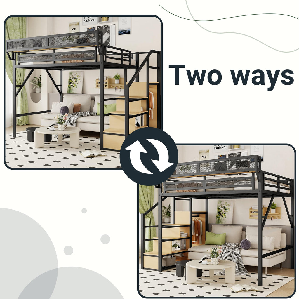Mirightone Full Size Loft Bed with Stairs, Metal Loft Beds, High Loft Bed Frame with Storage Shelves, Lofted Full Bed with Wardrobe for Kids and Teens, No Box Spring Needed (Black)
