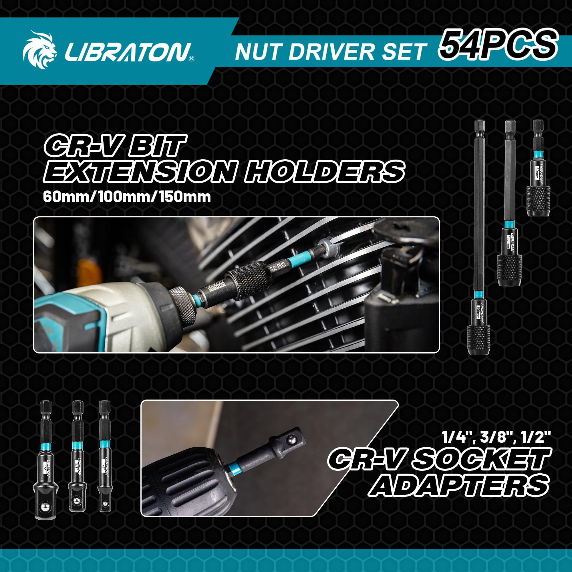 LIBRATON 24PCS Magnetic Nut Driver Set, Impact Drill Driver Bit Set 1/4", Metric and SAE Nut Drivers for Impact Drill, Impact Socket Adapters, Screwdriver Bits, Bit Holder, with Black Phosphating