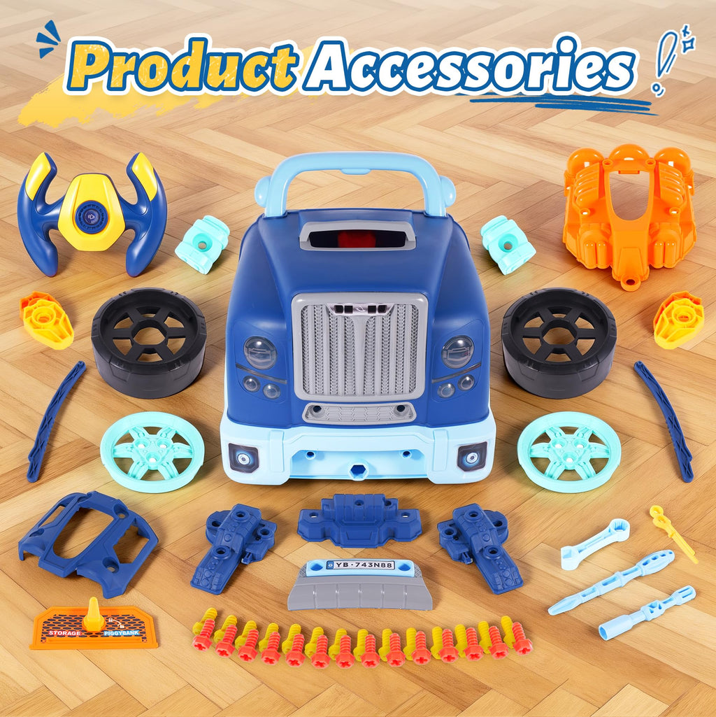 POFJOEQ Interactive Truck Engine Toy with Removable Parts - Lights, Sounds, and Fun for Young Mechanics -Unleash Their Creativity and Motor Skills with This Truck Engine Toy (Bule)