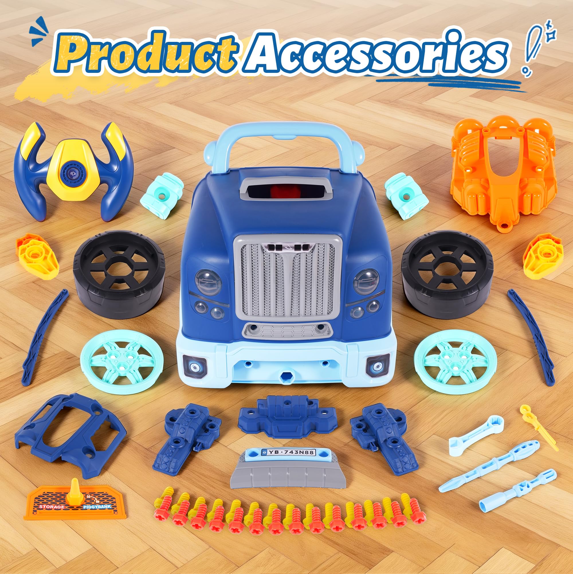 POFJOEQ Interactive Truck Engine Toy with Removable Parts - Lights, Sounds, and Fun for Young Mechanics -Unleash Their Creativity and Motor Skills with This Truck Engine Toy (Bule)