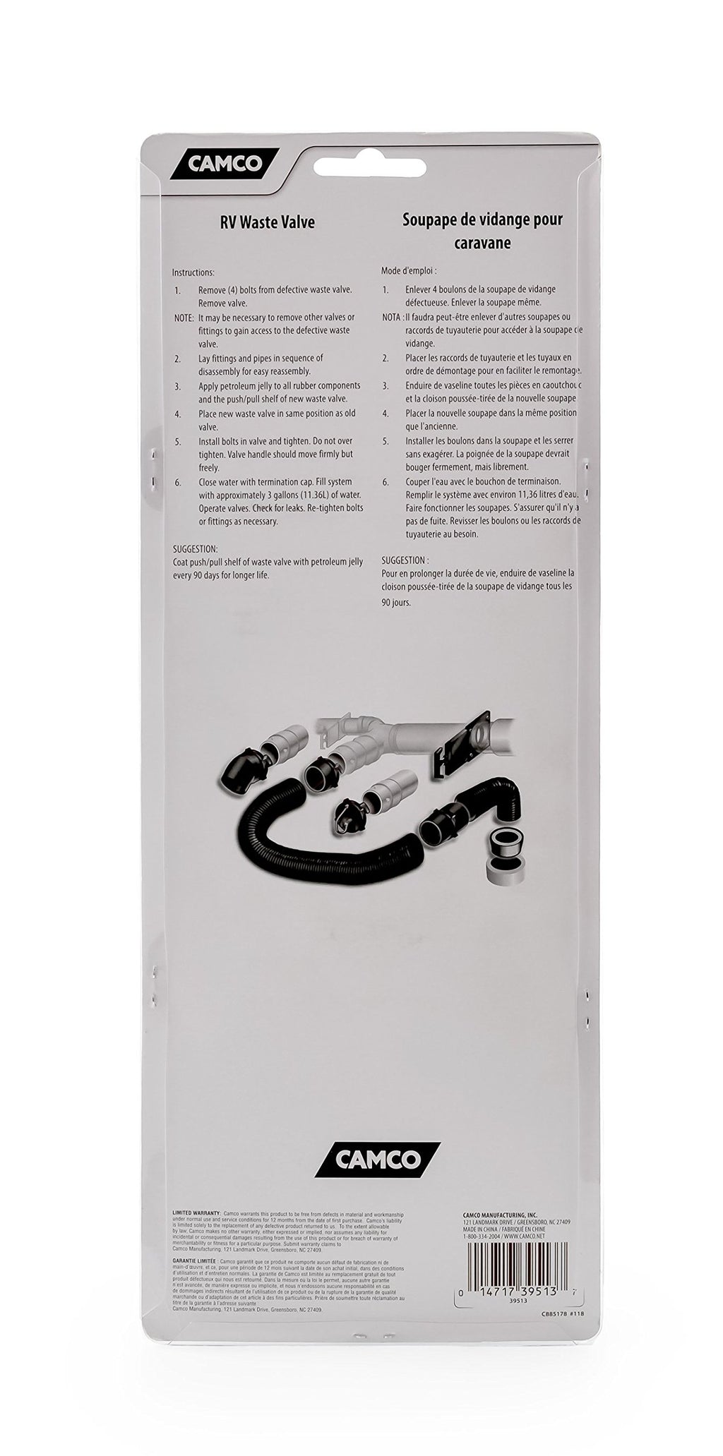 Camco RV Sanitation System 3" Waste Valve with 72" Cable Extension Kit for Sidewall or Control Access Compartment Mount Installation