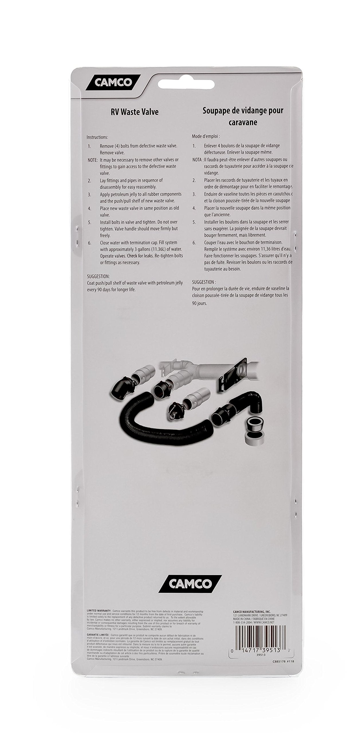 Camco RV Sanitation System 3" Waste Valve with 72" Cable Extension Kit for Sidewall or Control Access Compartment Mount Installation