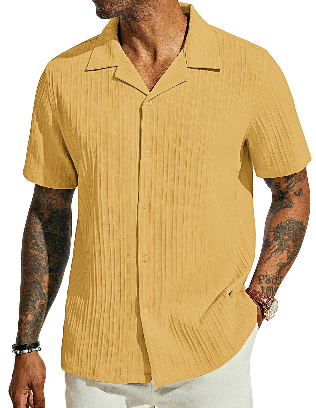 PJ PAUL JONES Men's Casual Button Down Shirts - Short Sleeve Summer Textured Beach Wrinkle-Free Shirts